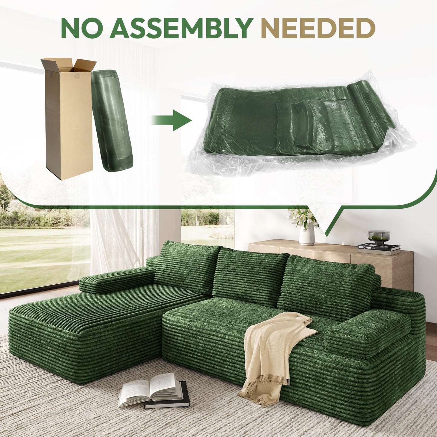 Yaheetech 110" Modular Sectional Sofa Corduroy Boneless Couch with Chaise L-Shape Cloud Couch with Detachable Pillows No Assembly Sofa for Living Room, Green