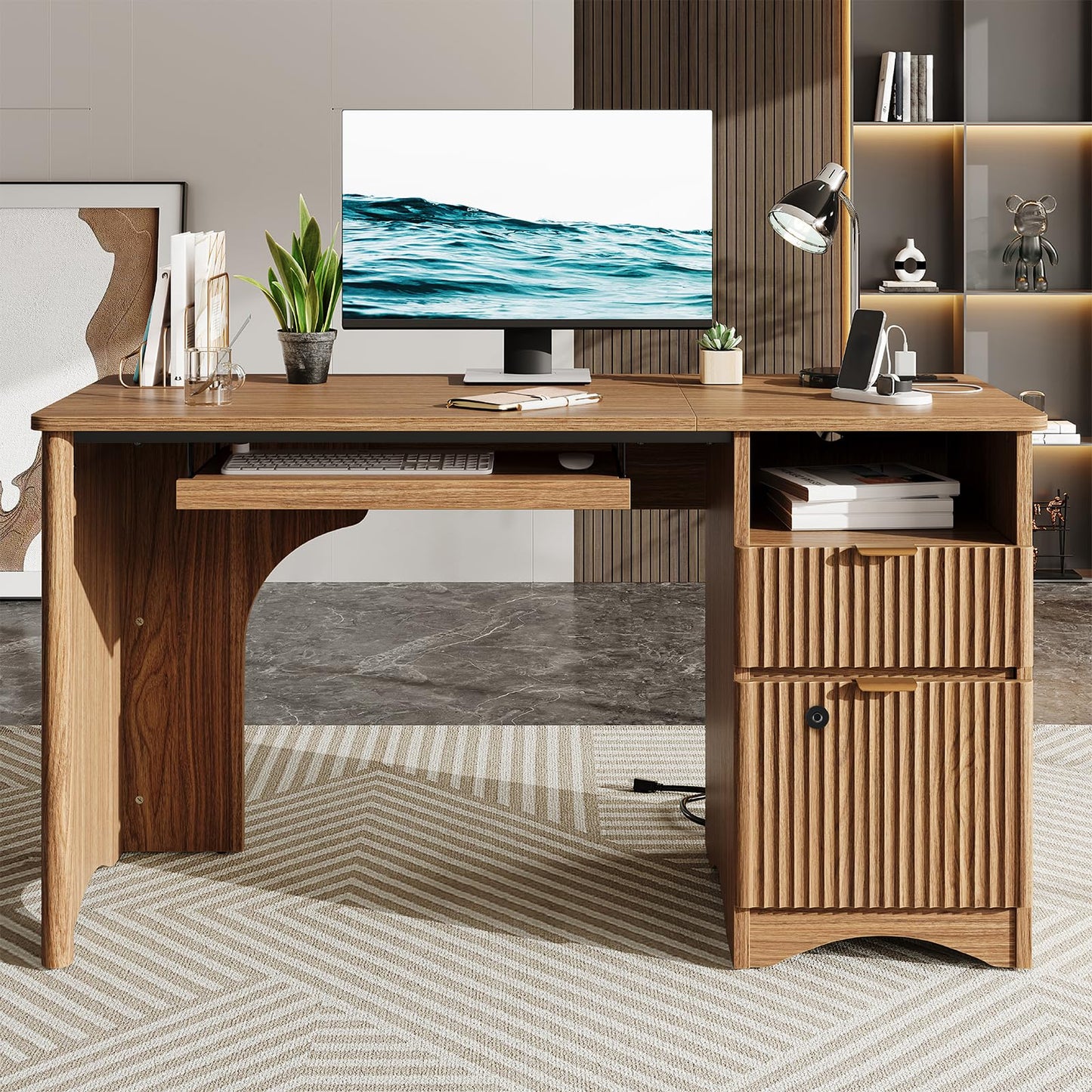 Bestier 55 Inch Wood Computer Desk with Fingerprint Lockable Drawers and Keyboard Tray,Modern Home Office Desk with File Drawer & Charging Station, Oak Wooden Desk for Work, Brown