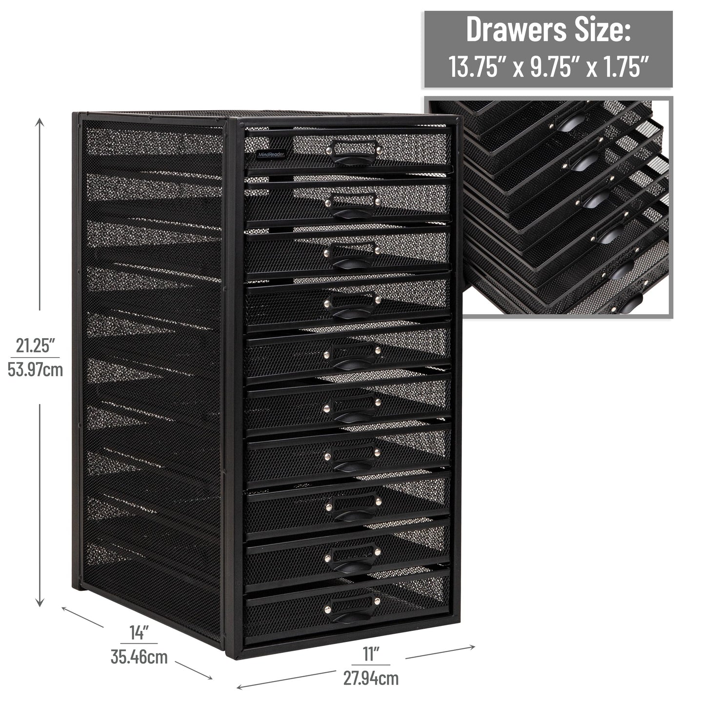 Mind Reader 10-Drawer Desk Organizer for Office Supplies, Crafts, Mail Sorting & More, Metal Mesh, Black