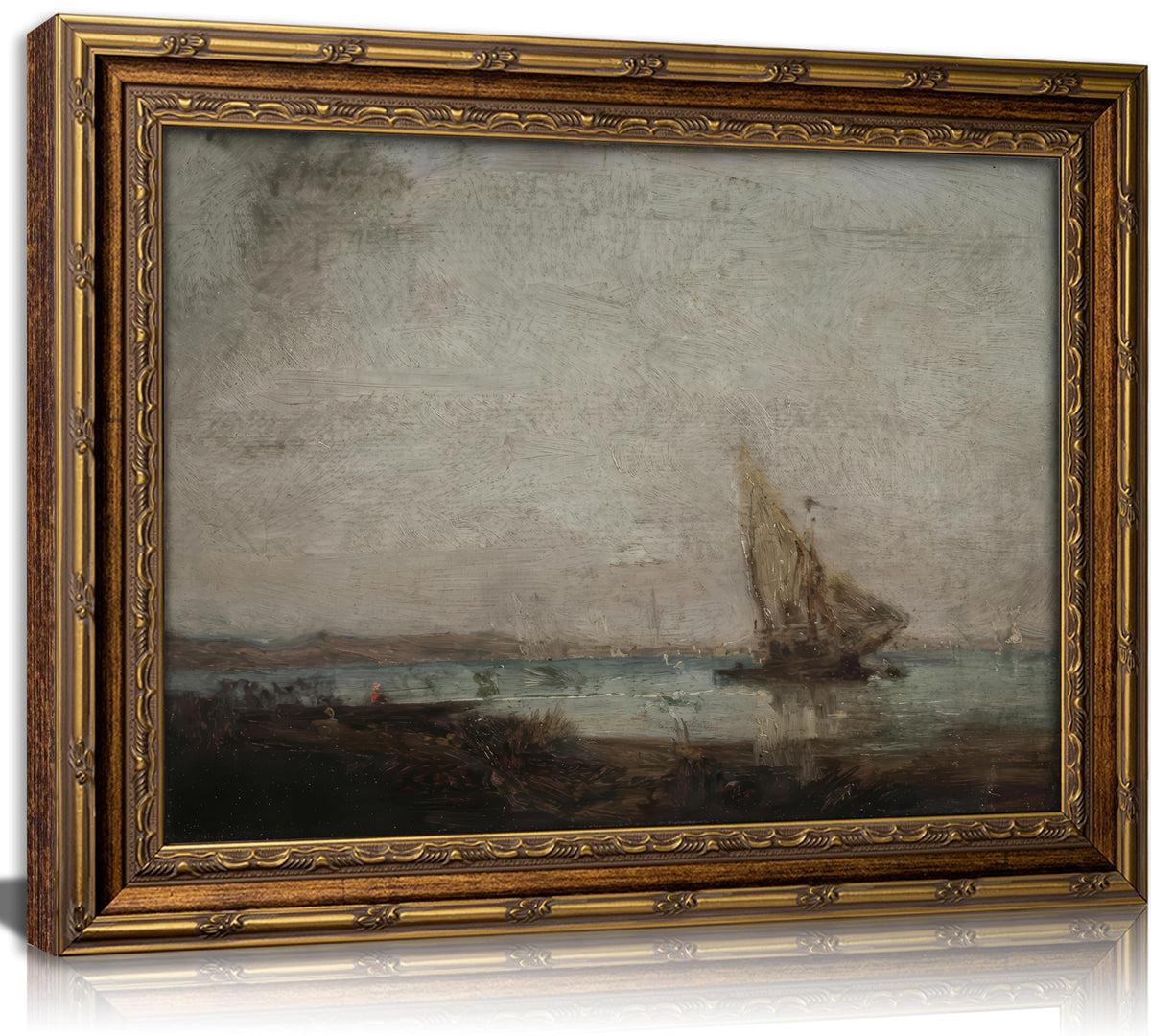 KKP Antique Gold Framed Coastal Wall Art, Vintage Sailboat Canvas Prints