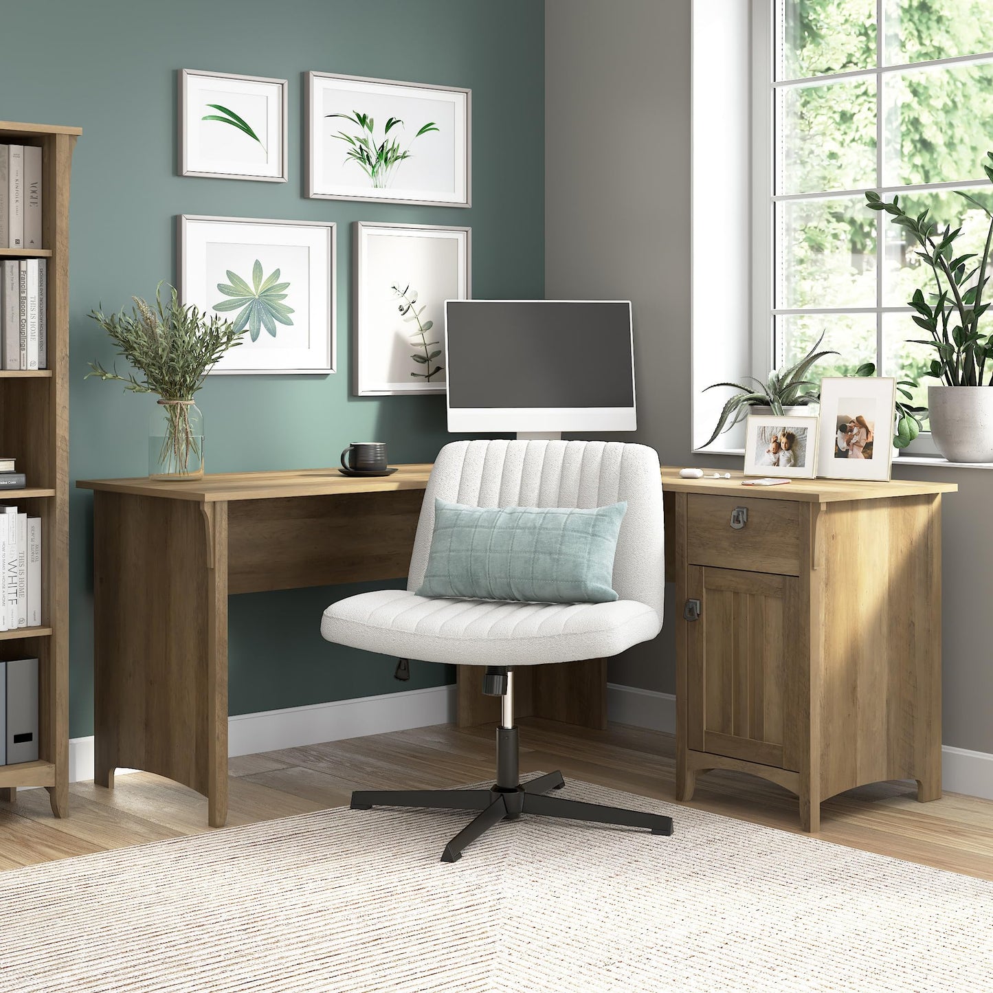 Bush Home L Shaped Desk with Storage for Home Office, Modern Farmhouse Corner Table with Drawers and Cabinets, Salinas Collection, Reclaimed Pine