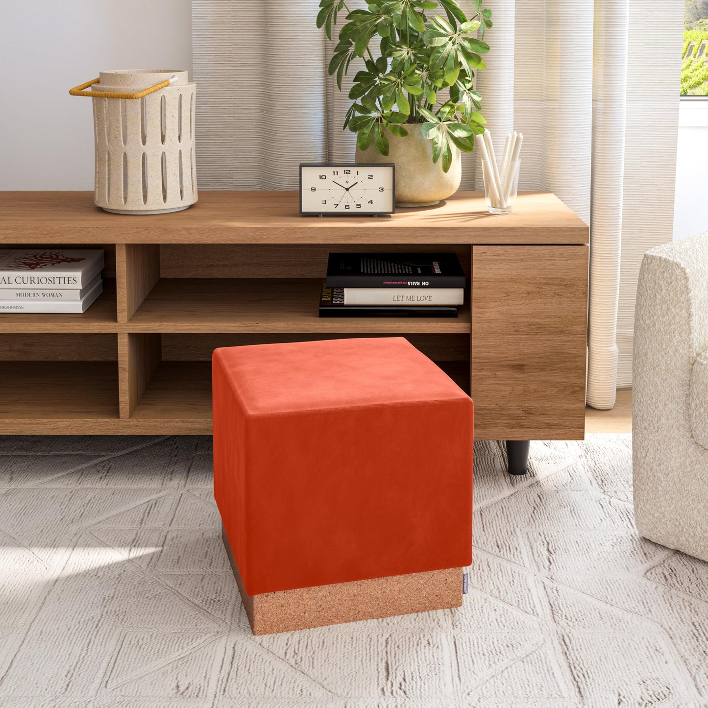 Seville Classics Cushioned Fabric Ottoman Hidden Storage Chest Footrest Chair, Padded Seat for Bedroom, Dorm, Loft, Living Room, Entryway, Hallway, Cork/Burnt Sienna, 15" Cube