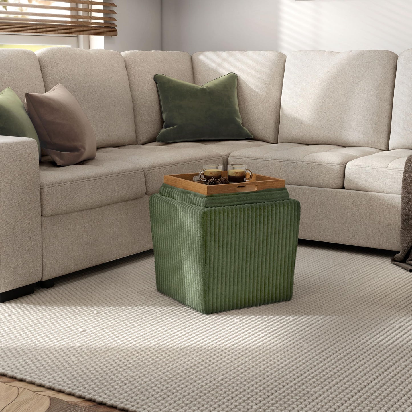 Furniture of America Lennox Modern Chenille 17-inch Square Storage Ottoman with Reversible Tray Top, Upholstered Footstool for Living Room, Bedroom, Entryway, Green