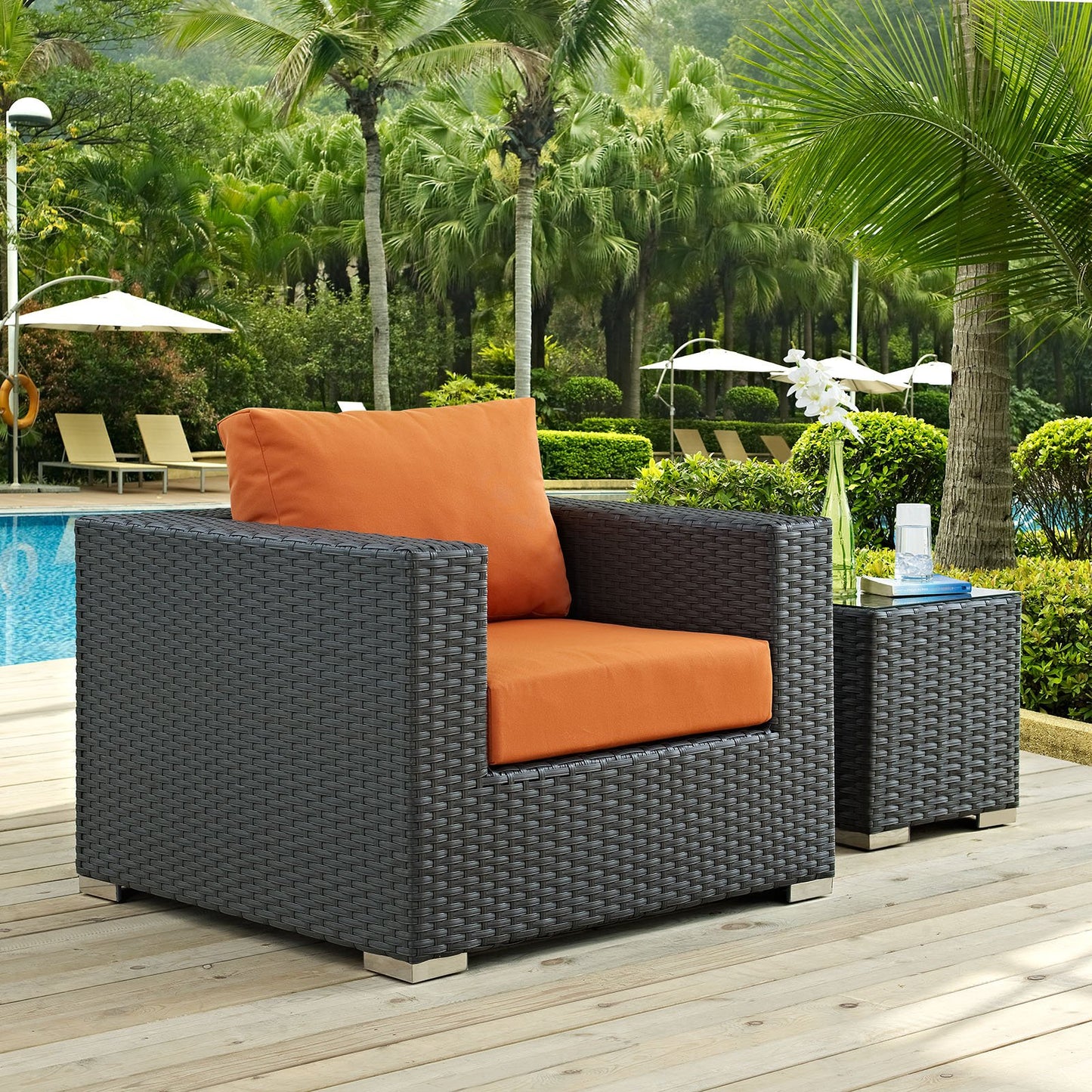 Modway Sojourn Wicker Rattan Outdoor Patio Sunbrella Fabric Armchair in Canvas Tuscan