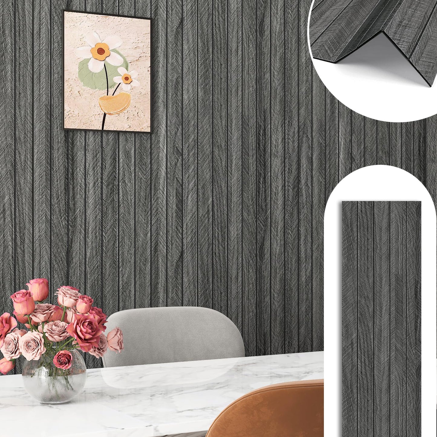 YENHOME 24"X200" Faux Wood Slat Wall Panel Peel and Stick Wood Panels for Bedroom Self Adhesive Black Wooded Slat Textured Soundproof Wall Panels for Interior Decor Ceilings Office Studio 3D Foam