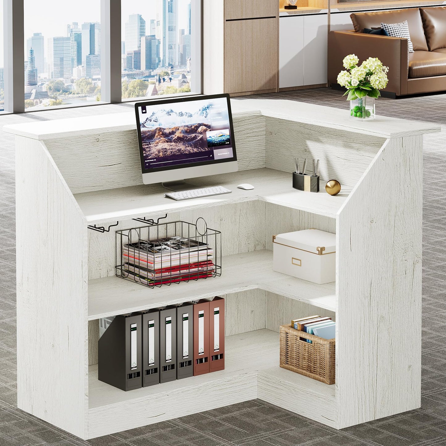 Tribesigns Reception Desk with Storage Shelves, L-Shaped Modern Front Desk, Reception Counter Table for Small Office, Salon, Checkout, White