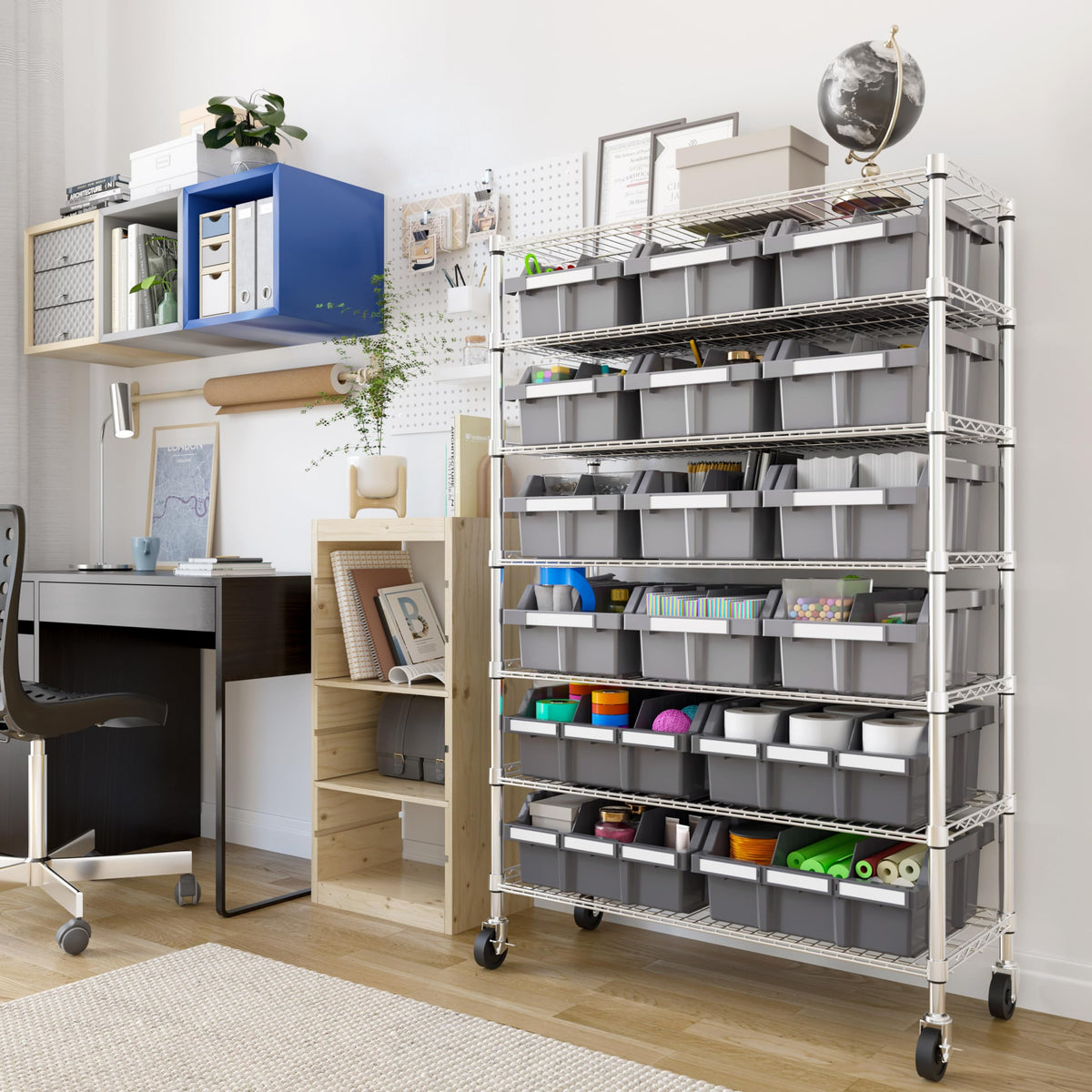 Seville Classics Heavy Duty NSF Bin Rack Solid Steel Wire Shelving Storage Unit, Patented Organizer for Garage, Warehouse, Office, Restaurant, Classroom, Kitchen, Gray, Includes 16 Bins