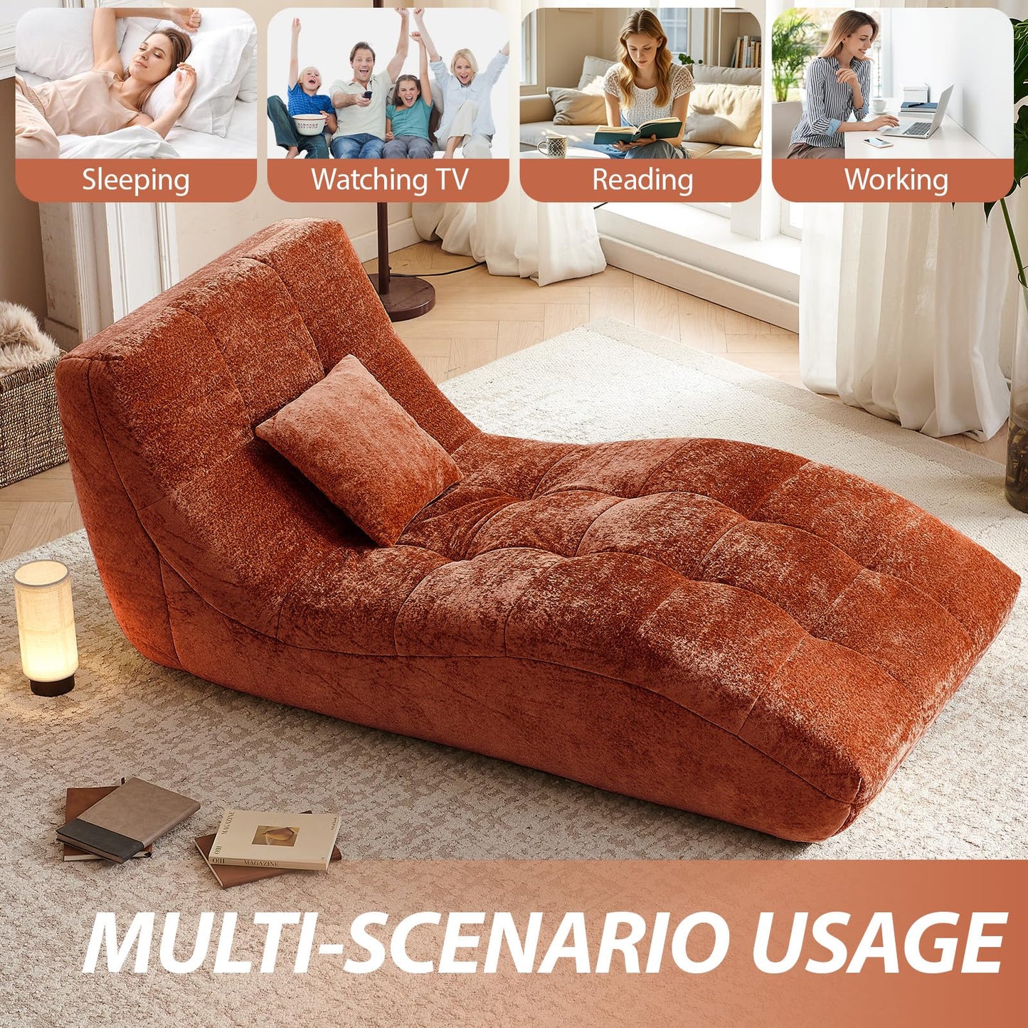 Huadeo Chaise Lounge Chair with Curved Back, Modern Upholstered Recliner Sofa, Tufted Accent Lounger Comfortable Lazy Chair for Bedroom, Apartment (Orange)