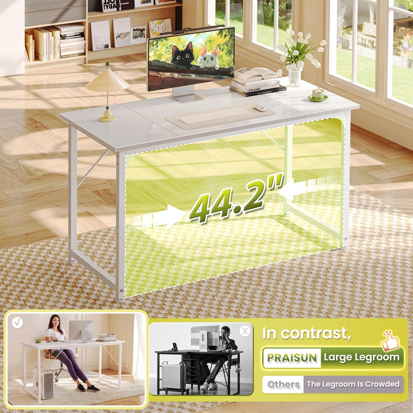 PRAISUN 47 Inch Computer Desk, Home Office Desk with Spacious Desktop, Modern Gaming Desk, Writing Study Table for Bedroom, Small Spaces, Work from Home Desk with Metal Frame, White
