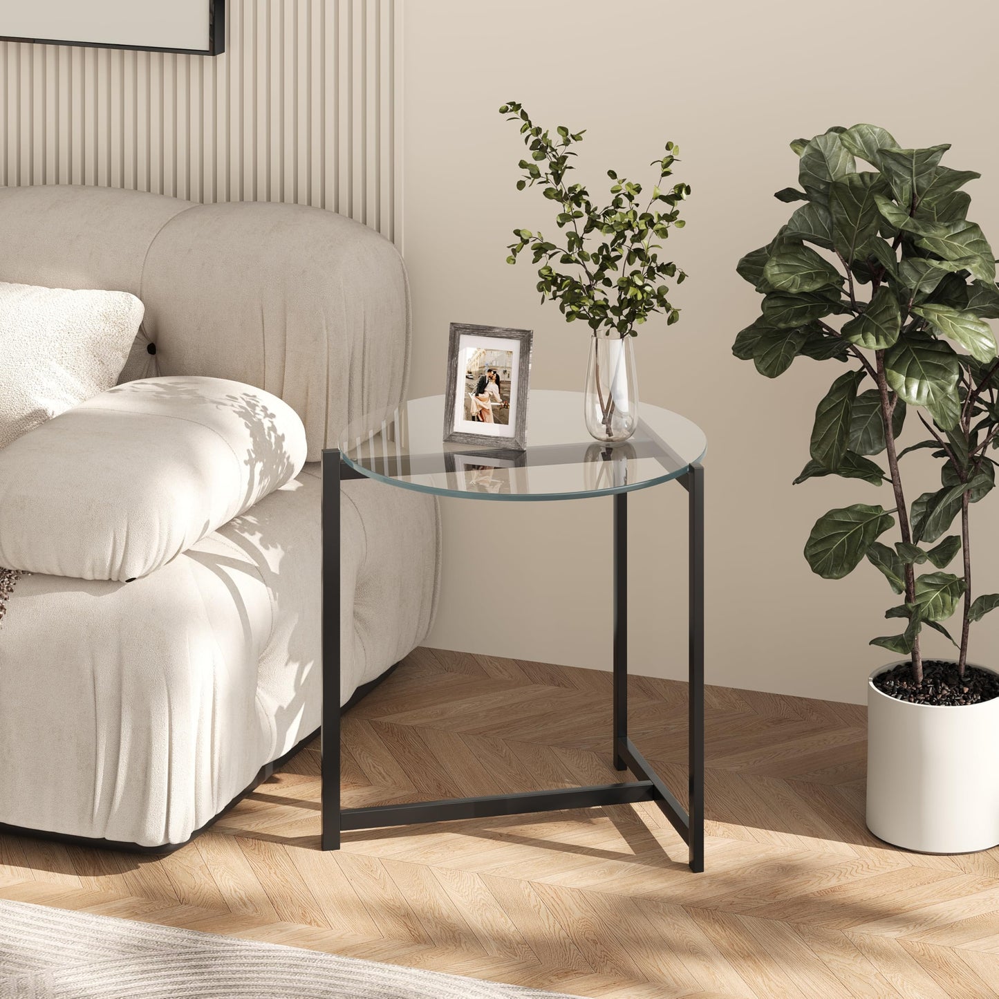 Cuizehua 16 Inch Round Glass Coffee Table, Tempered Clear Glass Top with Sturdy Black Metal Frame, Easy Assembly Modern Side Table/End Table for Living Room, Bedroom, Office