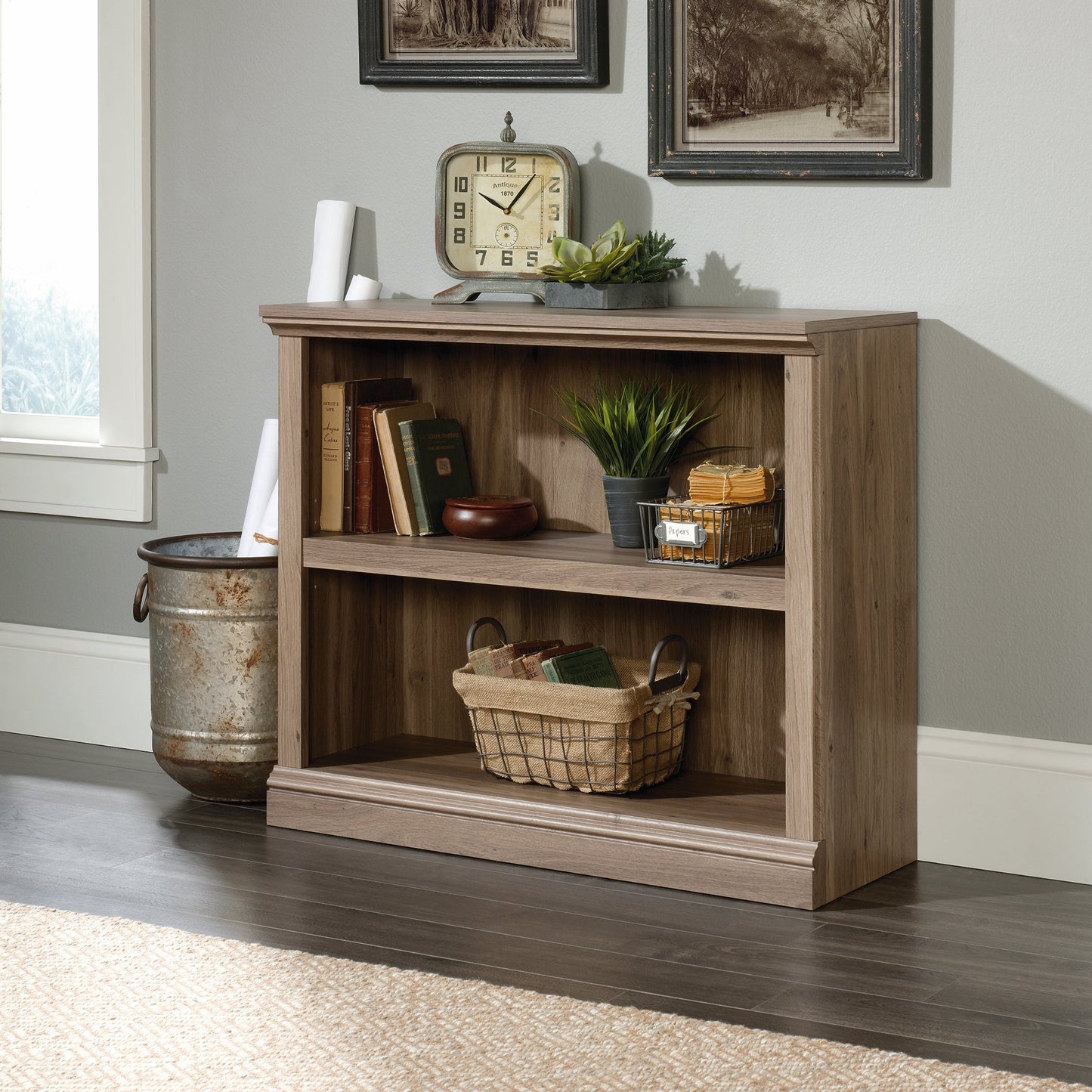 Sauder 2 Tier Book Shelf Wooden Bookcase Multipurpose Bookshelf for Home Office, Living Room, in Salt Oak