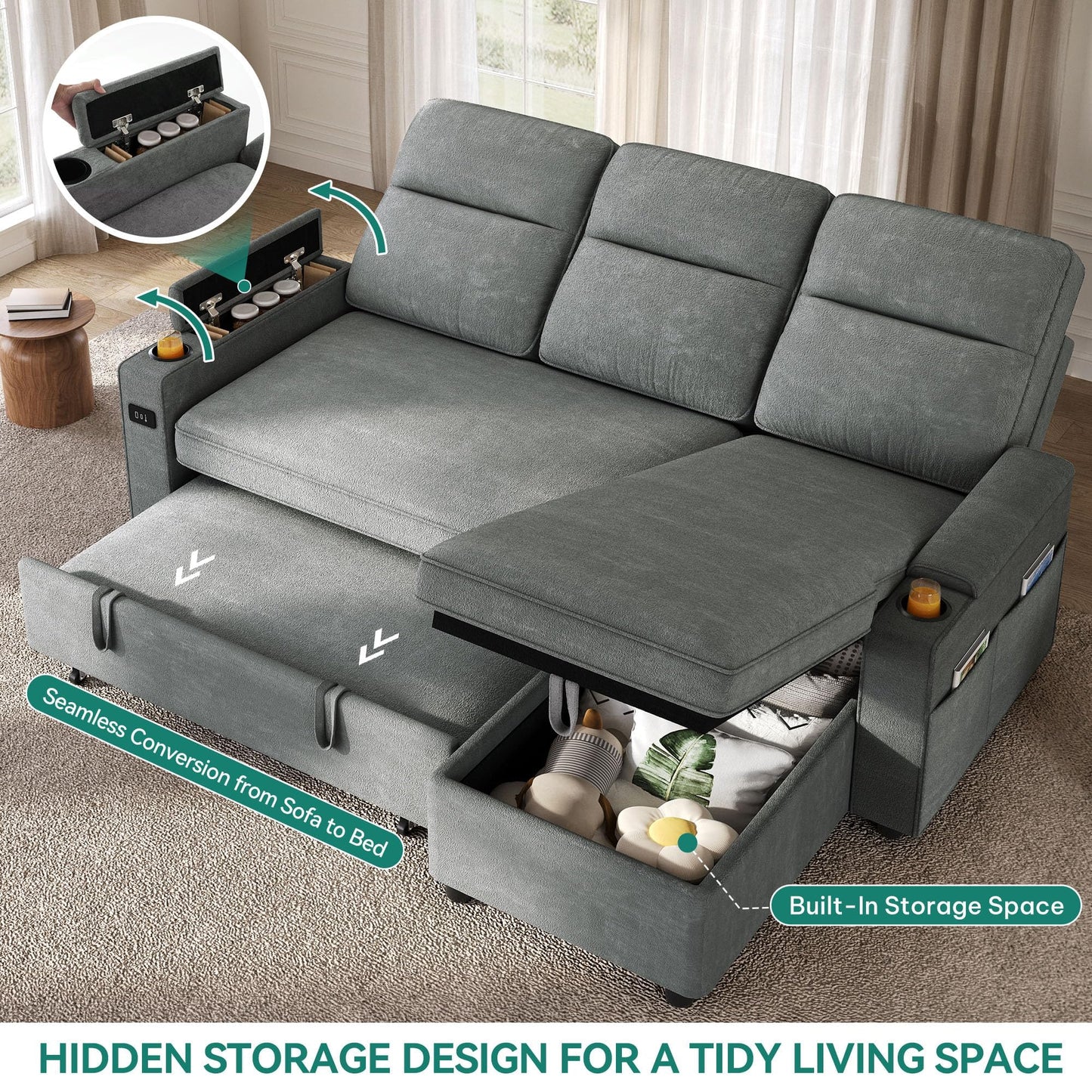 YITAHOME Sectional Sleeper Sofa with Pull Out Couch Bed, 81" Convertible Sleeper Sofa with Adjustable Backrest, Sofa Bed Sleeper Couch with Armrest & USB Port, Grey
