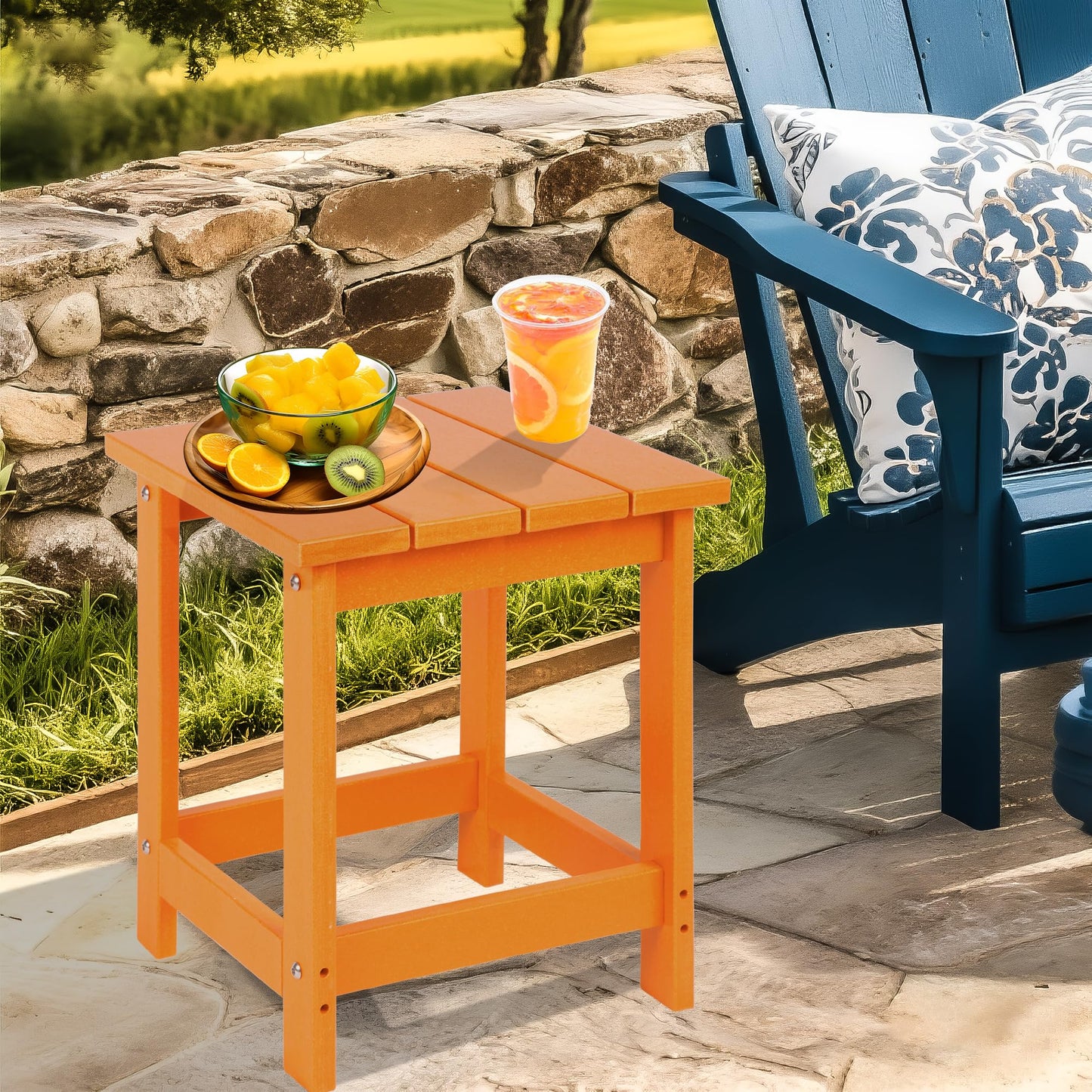 LZRS Square Patio Side Table, Heavy Duty HDPE Outdoor End Table with Wood Texture, Weatherproof Composite Table for Adirondack Chairs, Deck, Pool, Indoor/Outdoor, No Peeling or Cracking(Orange)