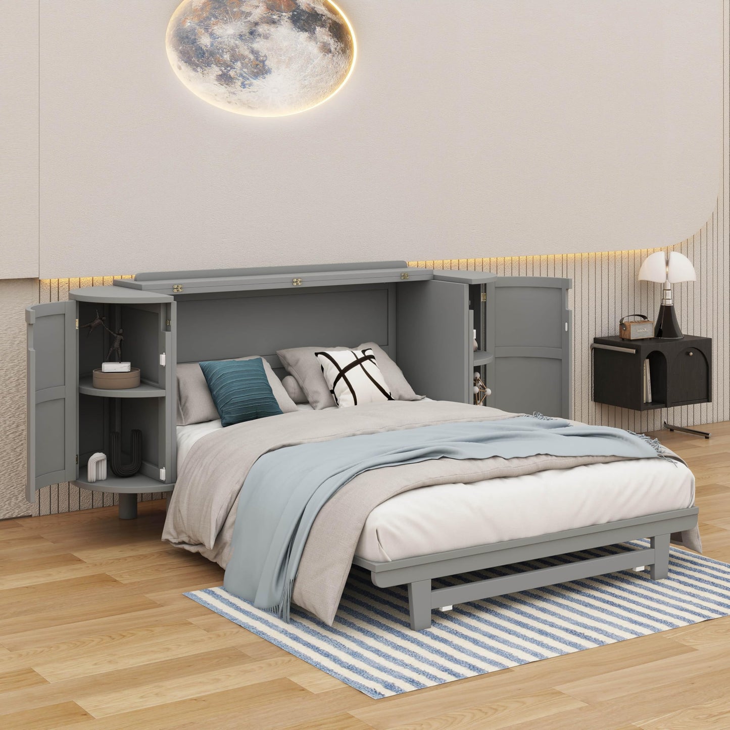 YunNianYang Murphy Bed with Hidden Storage & Modern Woven Design (Gray, Queen)