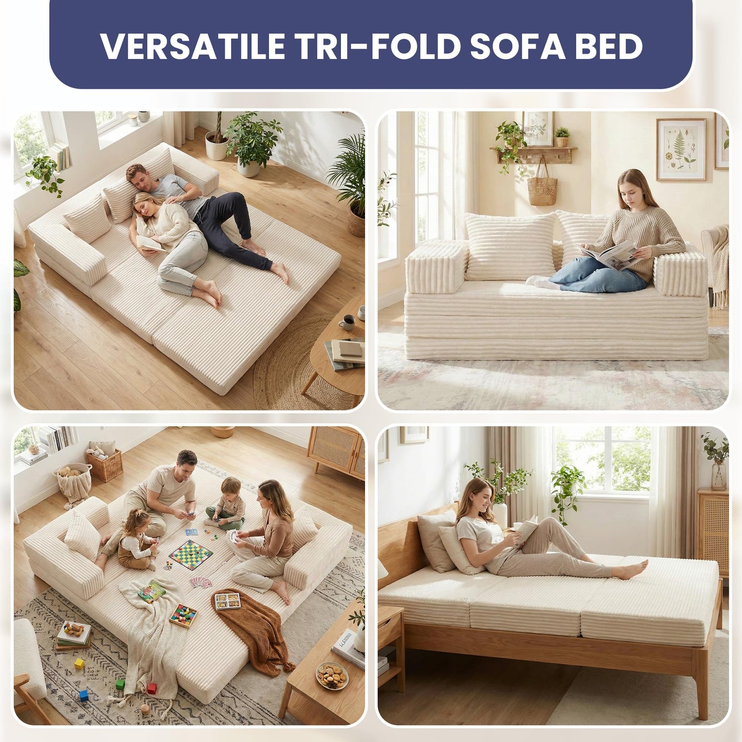 Winzoo Convertible Sofa Bed, 4-in-1 Boneless Loveseat with Removable Armrests Backrest, Corduroy Futon Couch Bed with Pillow, Foldable Mattress Sleeper Sofa for Living Room Bedroom Small Place (Beige)