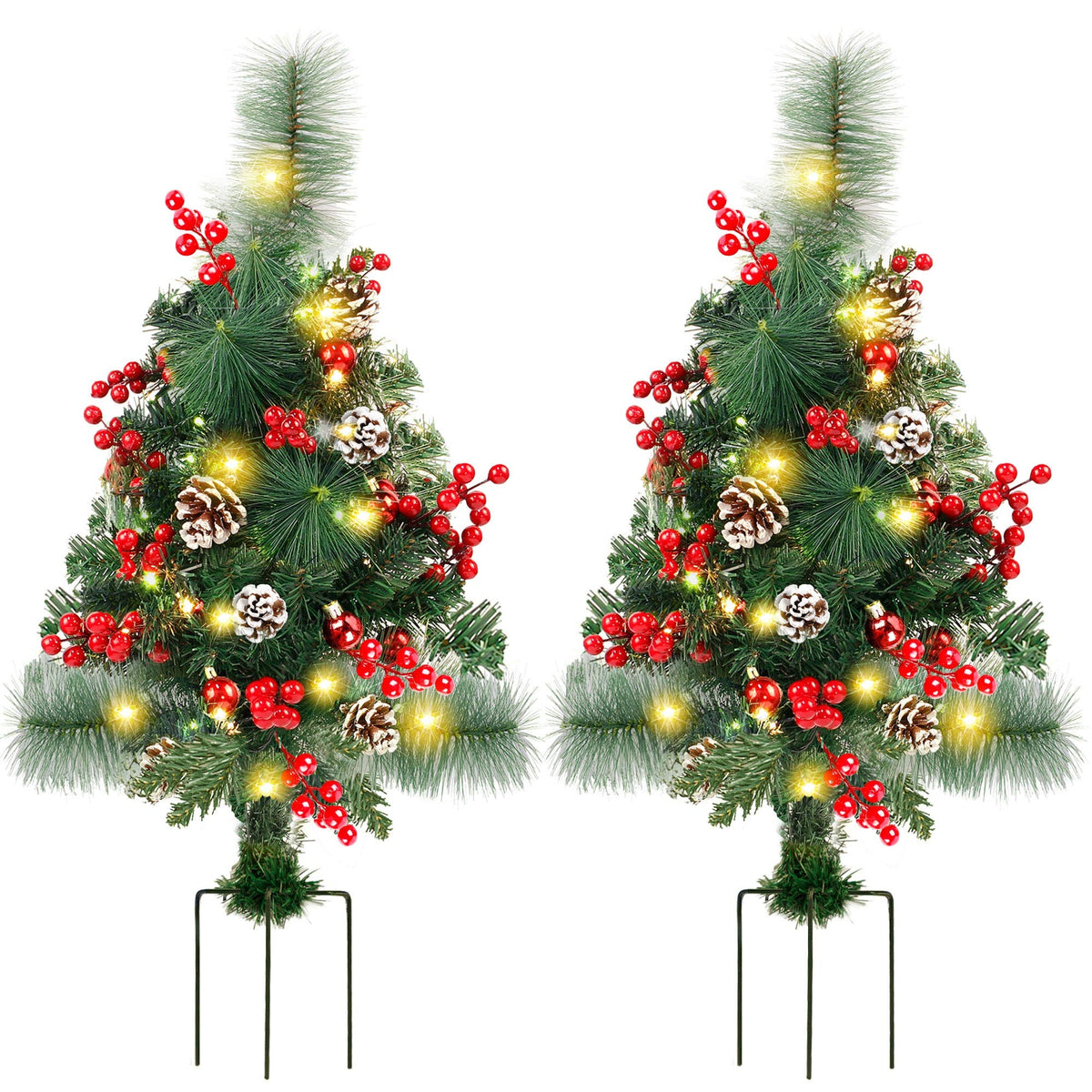 FORUP Set of 2 30 Inch Pre-Lit Pathway Christmas Trees Urn Filler, Outdoor Christmas Tree Decorations for Porch, Driveway, Yard, Garden, with 60 LED Lights, Red Berries, Pine Cones, Red Ball Ornaments