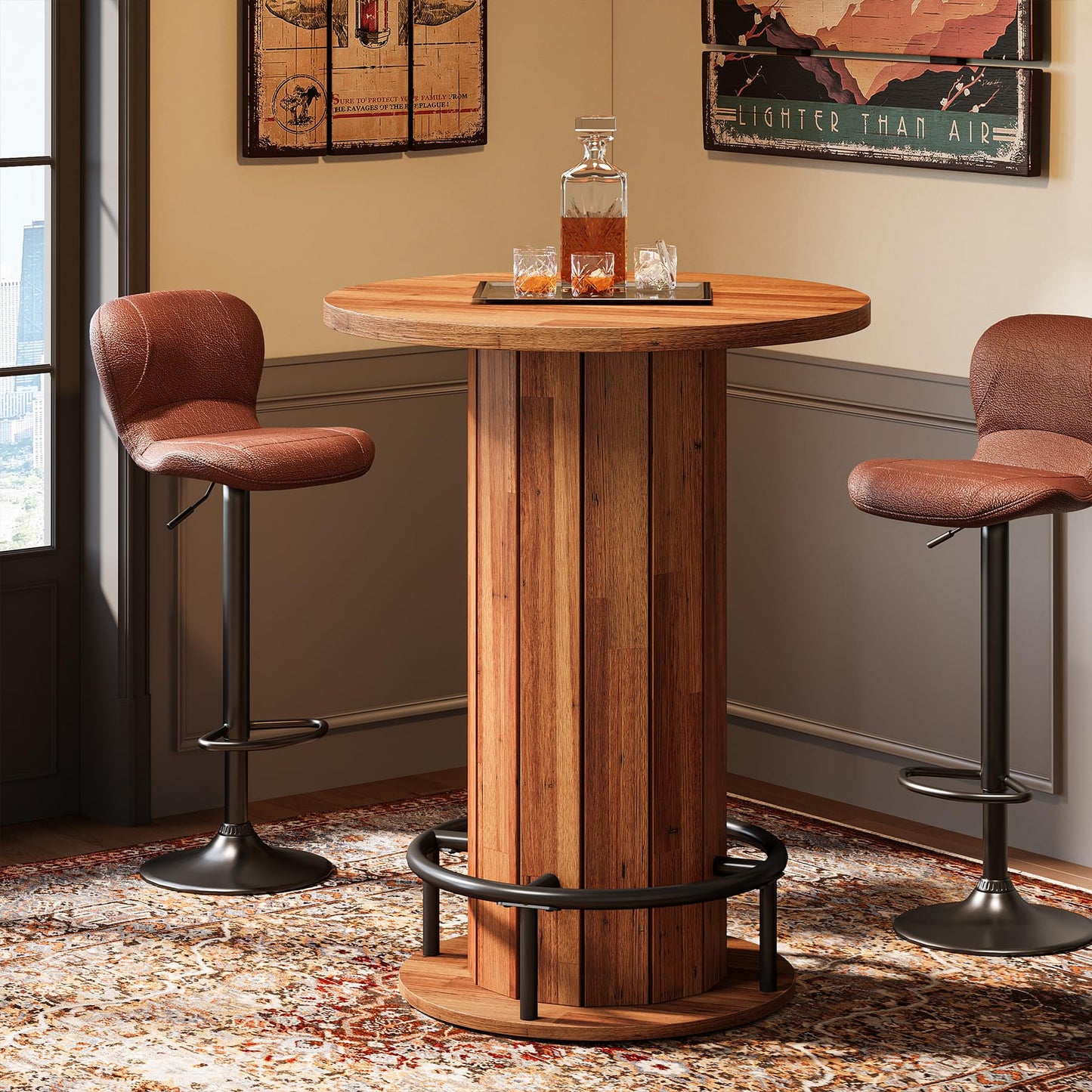 Tribesigns Round Bar Table, 39.4" H Wood Bistro Pub Table with Metal Ring Footrest for Dining Coffee Cocktail Living Room, Small Space, Walnut Brown (Only Table)