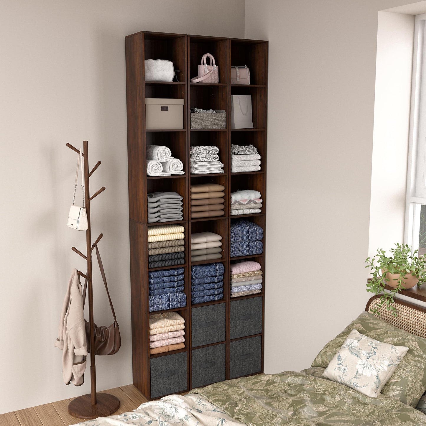 NewBeth 8-Cube Storage Organizer Bookcase, White, Tall Narrow Bookshelf for Home Office (Dark Brown)
