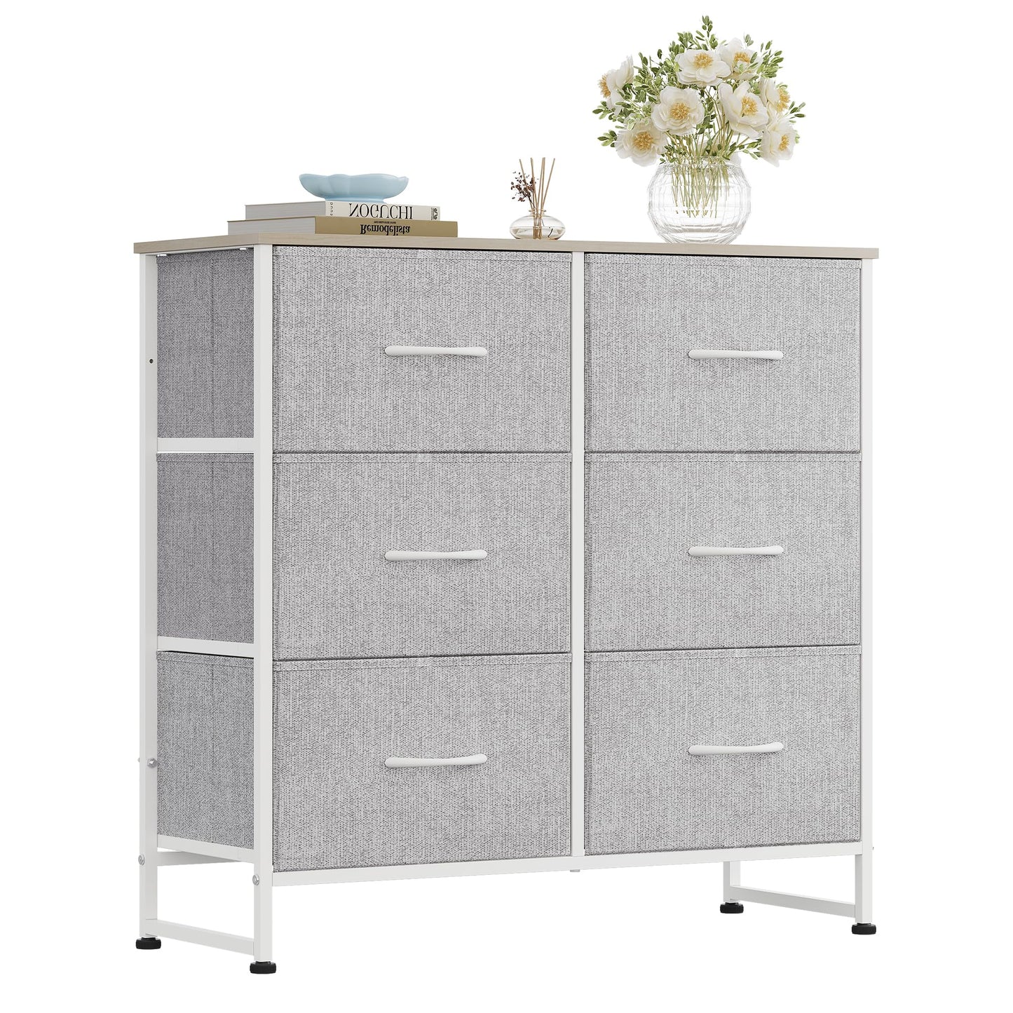 WLIVE Fabric Dresser for Bedroom, 6 Drawer Double Dresser, Closet Dresser with Fabric Bins, Chest of Drawers for Closet, Living Room, Hallway, Light Grey