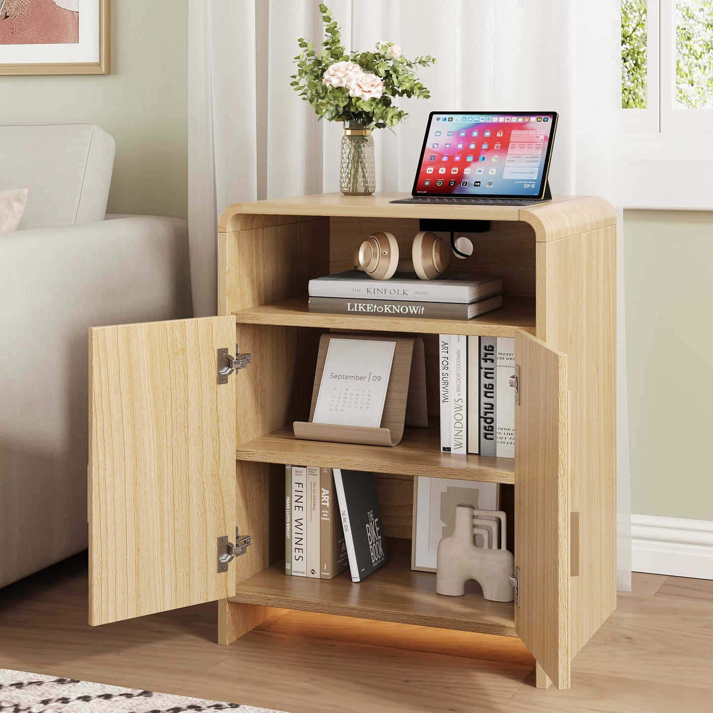 Nightstand with Charging Station and LED Lights, Night Stands with Adjustable Storage Cabinet, Modern Side Table with Fluted Doors and Open Storage, Bedside Table for Bedroom, Natural