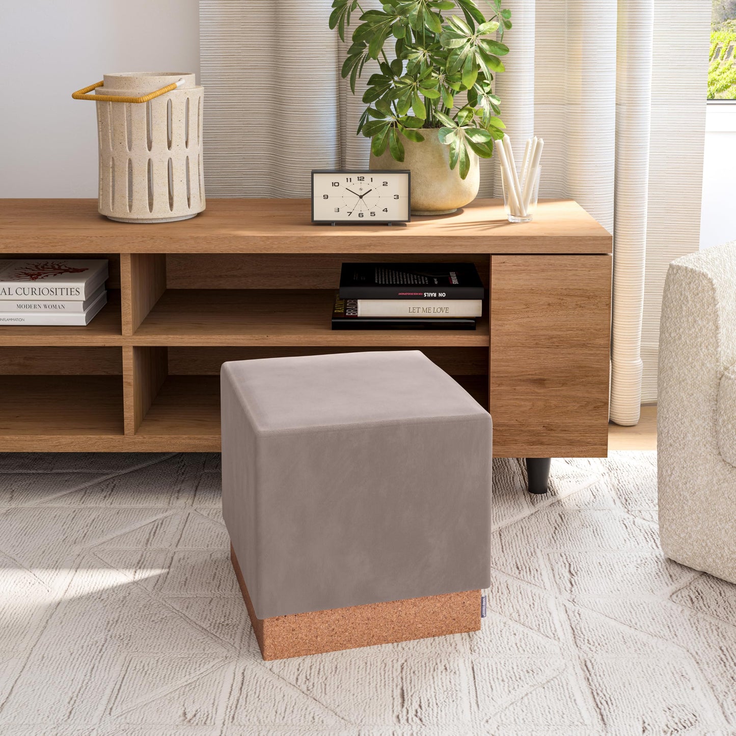 Seville Classics Cushioned Fabric Ottoman Hidden Storage Chest Footrest Chair, Padded Seat for Bedroom, Dorm, Loft, Living Room, Entryway, Hallway, Cork/Taupe, 15" Cube