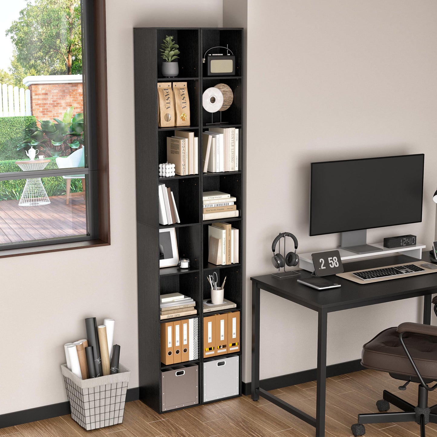 NewBeth 8-Cube Storage Organizer Bookcase, Tall Narrow Bookshelf for Home Office, Black