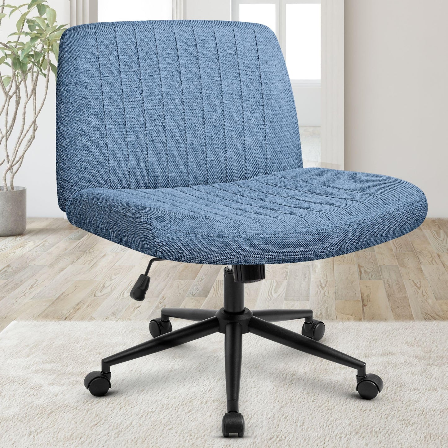 Orange Factory Criss Cross Chair Wheels Wide Cross Legged Office Desk Vanity Dual Base Comfy Fabric Armless Adjustable Swivel for Home Computer Task (Blue Dual Base, Fabric)