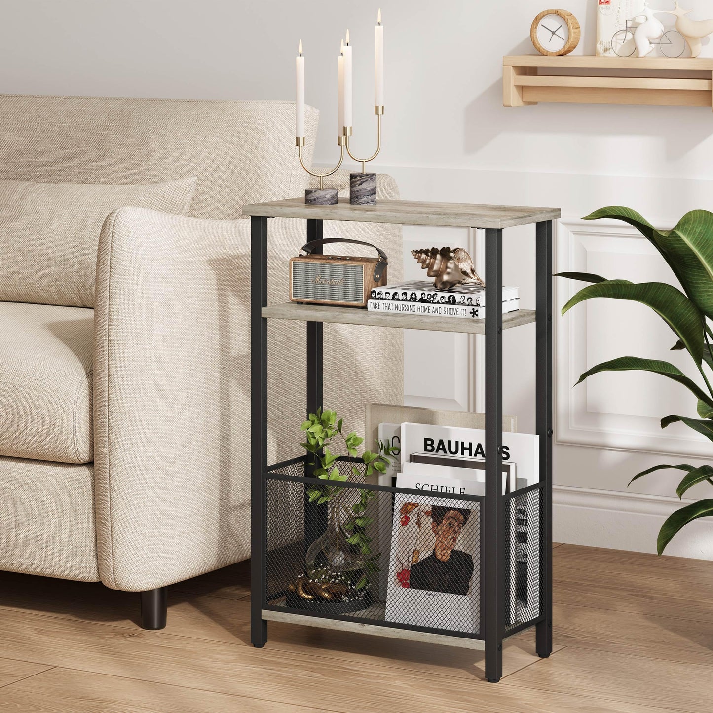 MMEOLUOOK Narrow Side Table with Storage Basket Skinny End Tables for Smalls Spaces 3 Tier Sofa Table Small Nightstand Slim Bedside Table for Living Room Bedroom Oak MLBZ22Q