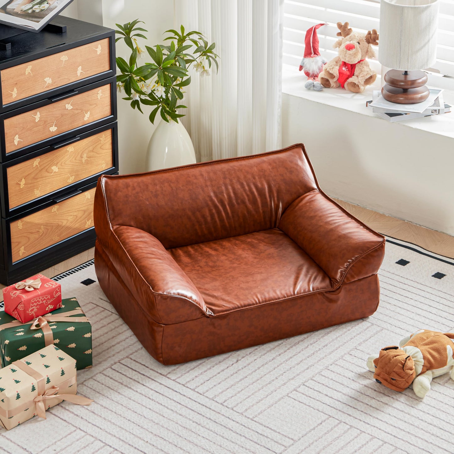 ATJafurn Dog Couch Bed Leather Cat Sofa for Small and Medium Pets Under 50 lbs, Brown Mid Century Modern Elevated Dog Sofa Chair Luxurious Indoor Furniture Style Pet Supplies for Puppy