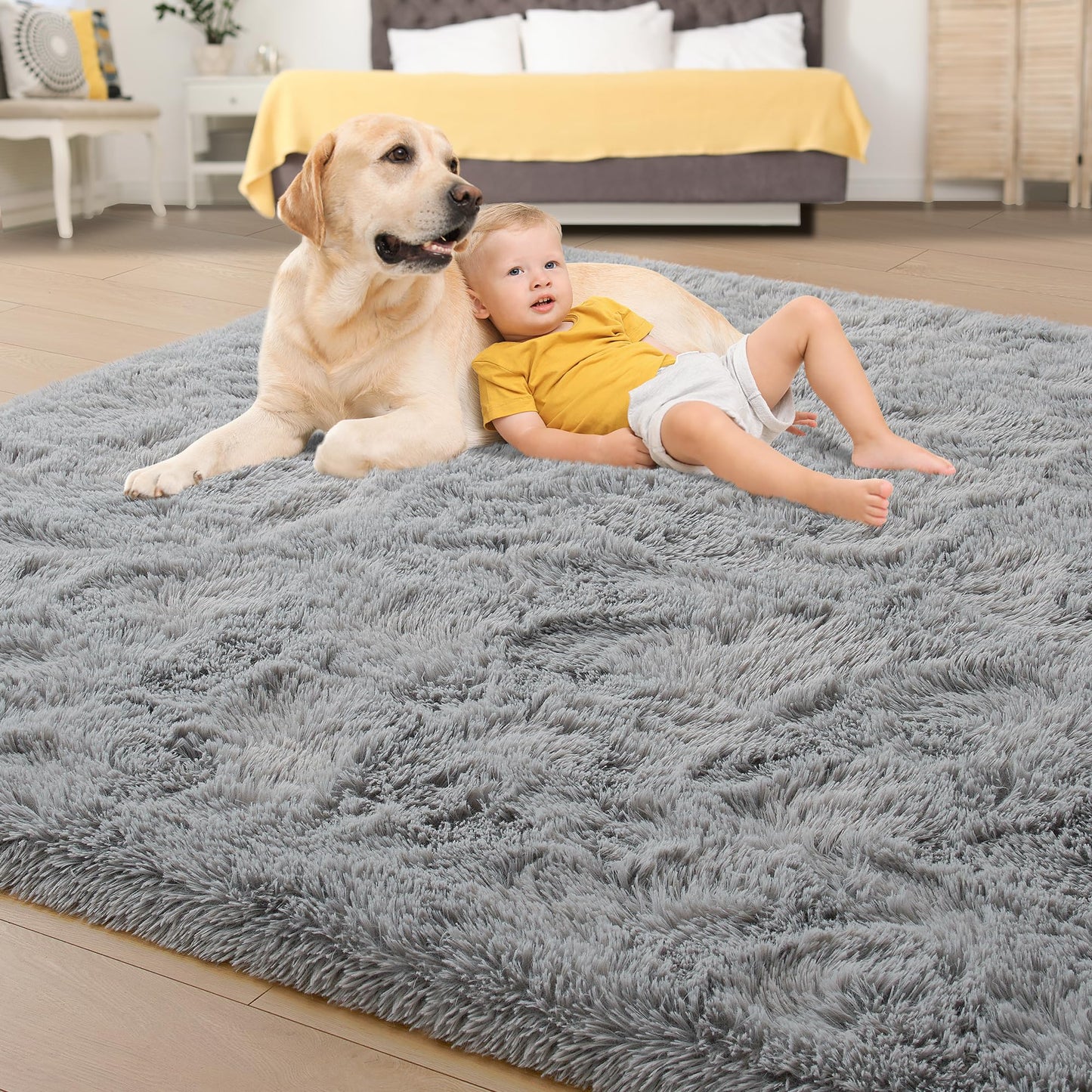 Tepook Super Soft Fluffy Rug for Bedroom, Modern Shaggy Fuzzy Kids Rugs for Living Room, Plush Indoor Nursery Home Decor Dorm Carpet with Non-Slip Bottom, Grey, 4 X 6 Feet