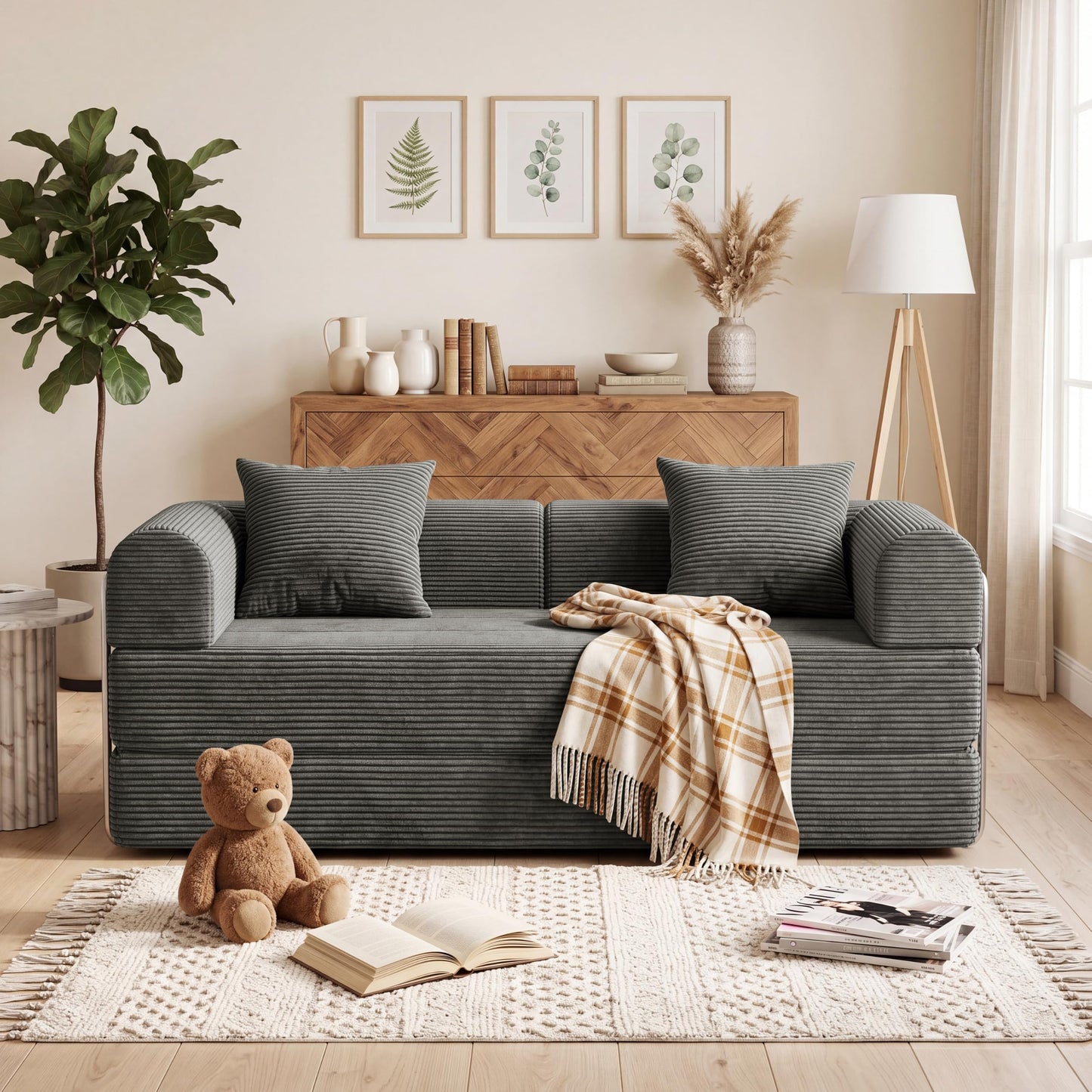 59'' Convertible Compressed Corduroy Folding Cloud Sofa Bed, Modern Boneless Pull Out Loveseat Sleeper in a Box, 4 in 1 Floor Mattress Futon Fluffy Couch, No Assembly Needed, Grey, 2 Pillows, Full