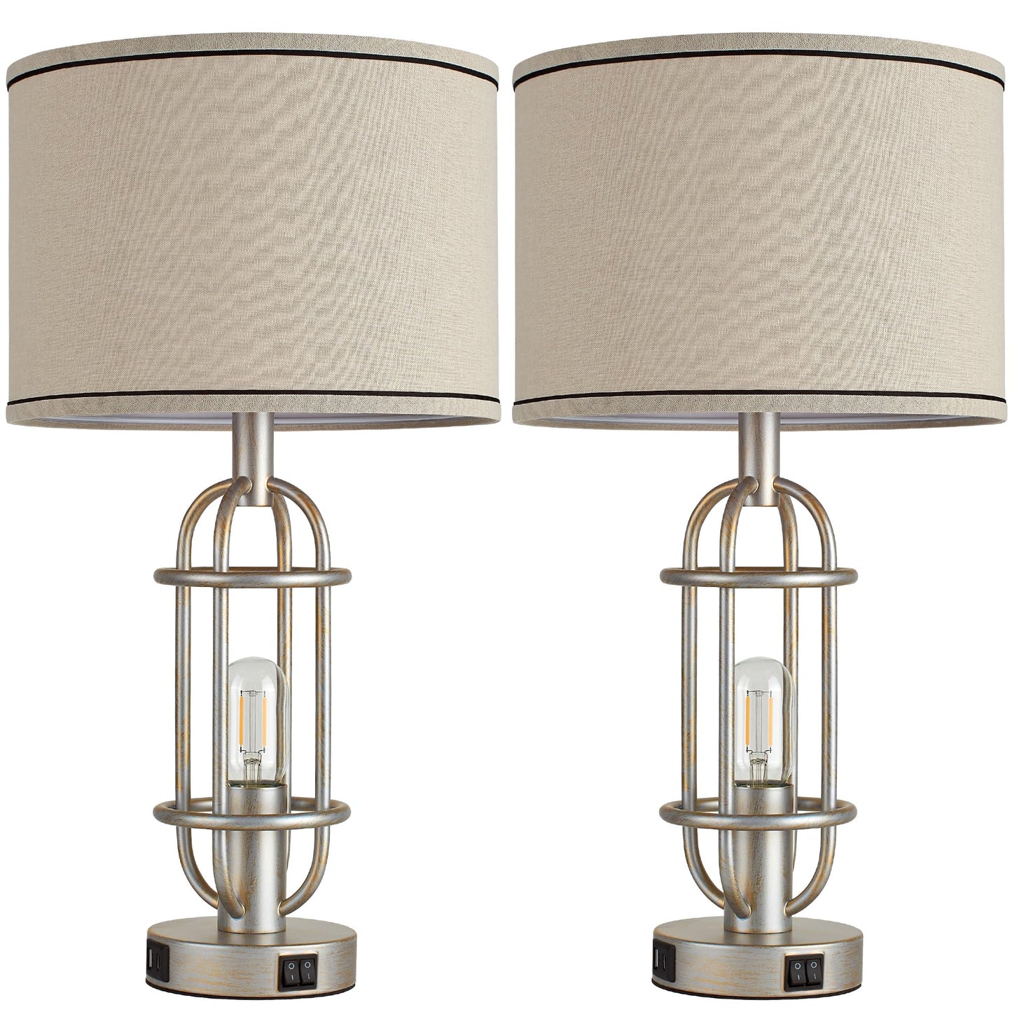 Reaketon Table Lamps for Living Room Set of 2, 22.3" Farmhouse Lamps for Nightstand, Industrial Table Lamps for Bedroom with USB Ports, Bulbs Included