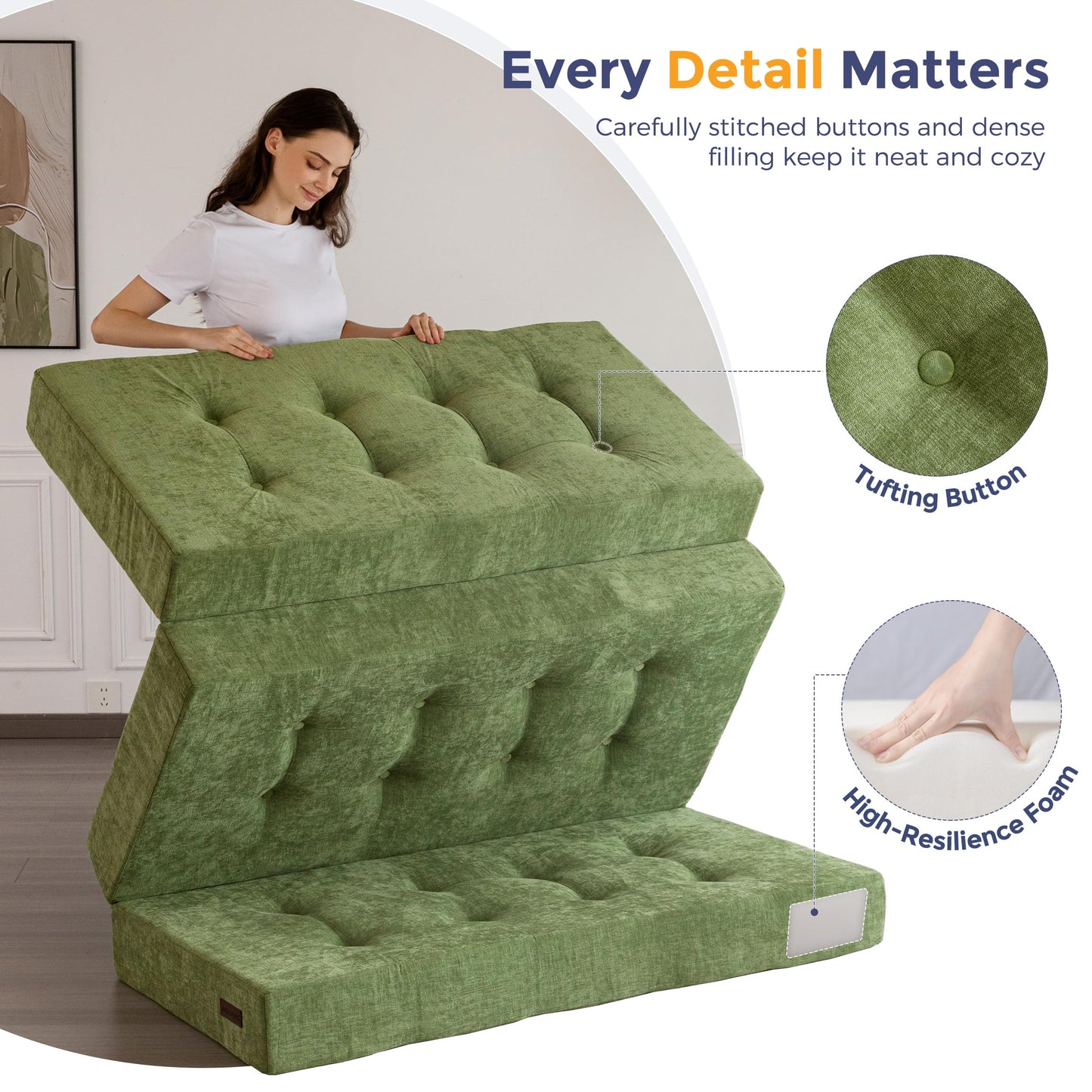 MAXYOYO 6" Folding Sofa Bed for Floor, Tufted Tri-Fold Floor Mattress with Chenille Fabric, Queen Size Portable Sofa Couch Guest Mat for Adults, Foldable Topper for Camping, Green, 59"x78.7"