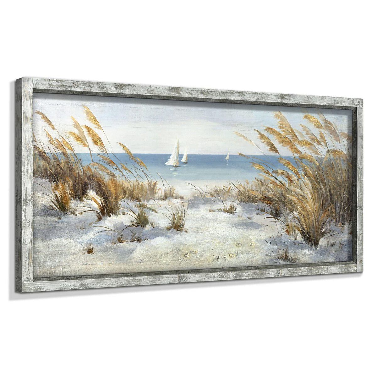 Beach Framed Wooden Wall Art: Coastal Oil Painting Style 40"x20" Ocean Pictures Seascape Art Prints Sand Dunes & Sailboat Artwork for Office