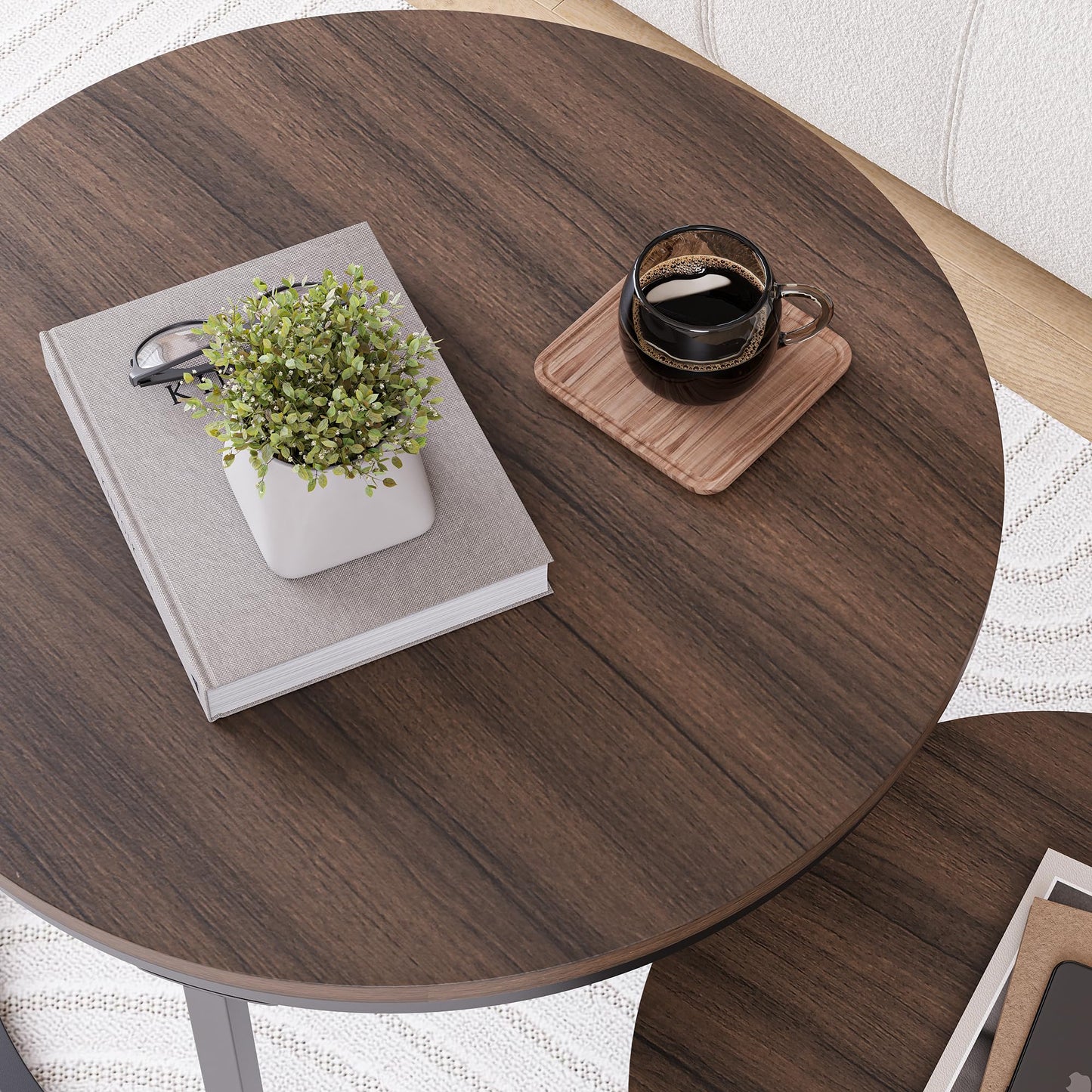 HOJINLINERO Round Coffee Table,Nesting Coffee Table Set of 2,Center Tables for Living Room,Office, Home Small Space,Stacking Side Tables,Sturdy and Easy Assembly,Wood Desktop,Walnut+Black,Large