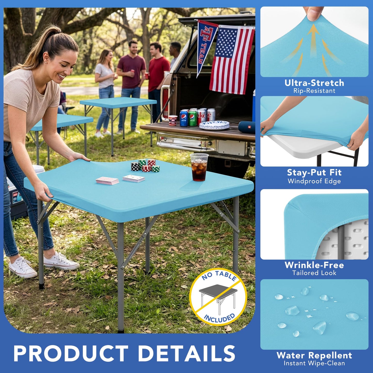 Enjoyidea Square Fitted Tablecloth 34x34 Inch-2 Pack Light Blue Card Elastic Spandex Table Cover-Small Stretch Folding Table Cloths Topper Cap for Kitchen Dining Picnic Patio Outdoor Party Tables