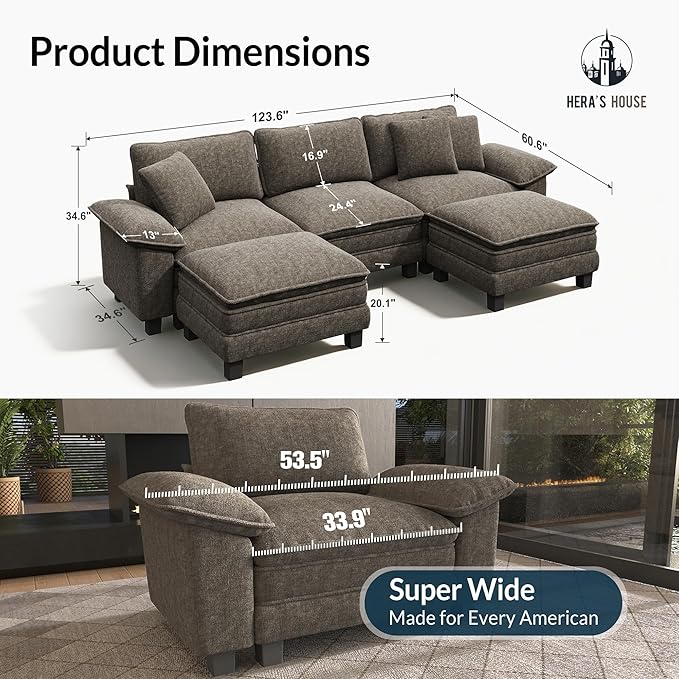 HERA'S HOUSE 124" Modular Sectional Sofa, Oversized U Shaped Couches