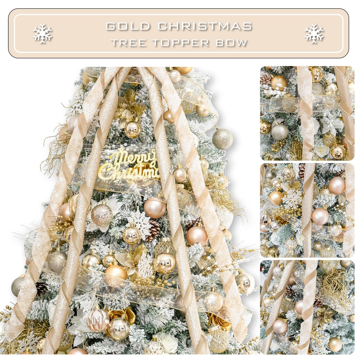 Hismir Christmas Tree Topper Bow，53x14 Inches Large Christmas Bow with Glitter Streamer and Patterned Ribbon，Decorative Bows for Xmas Tree Wreath Door Festival Home Decor(Champagne Gold Snowflake)