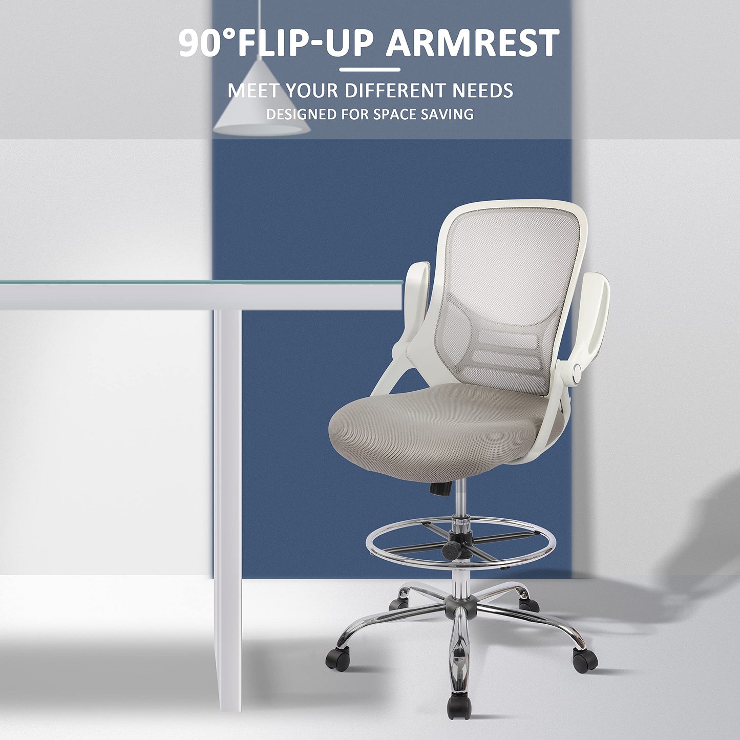 HYLONE Drafting Chair, Tall Office Chair Standing Desk Stool with Adjustable Foot Ring, Flip-Up Arms, Mesh High-Back Drafting Table Chair, White & Grey