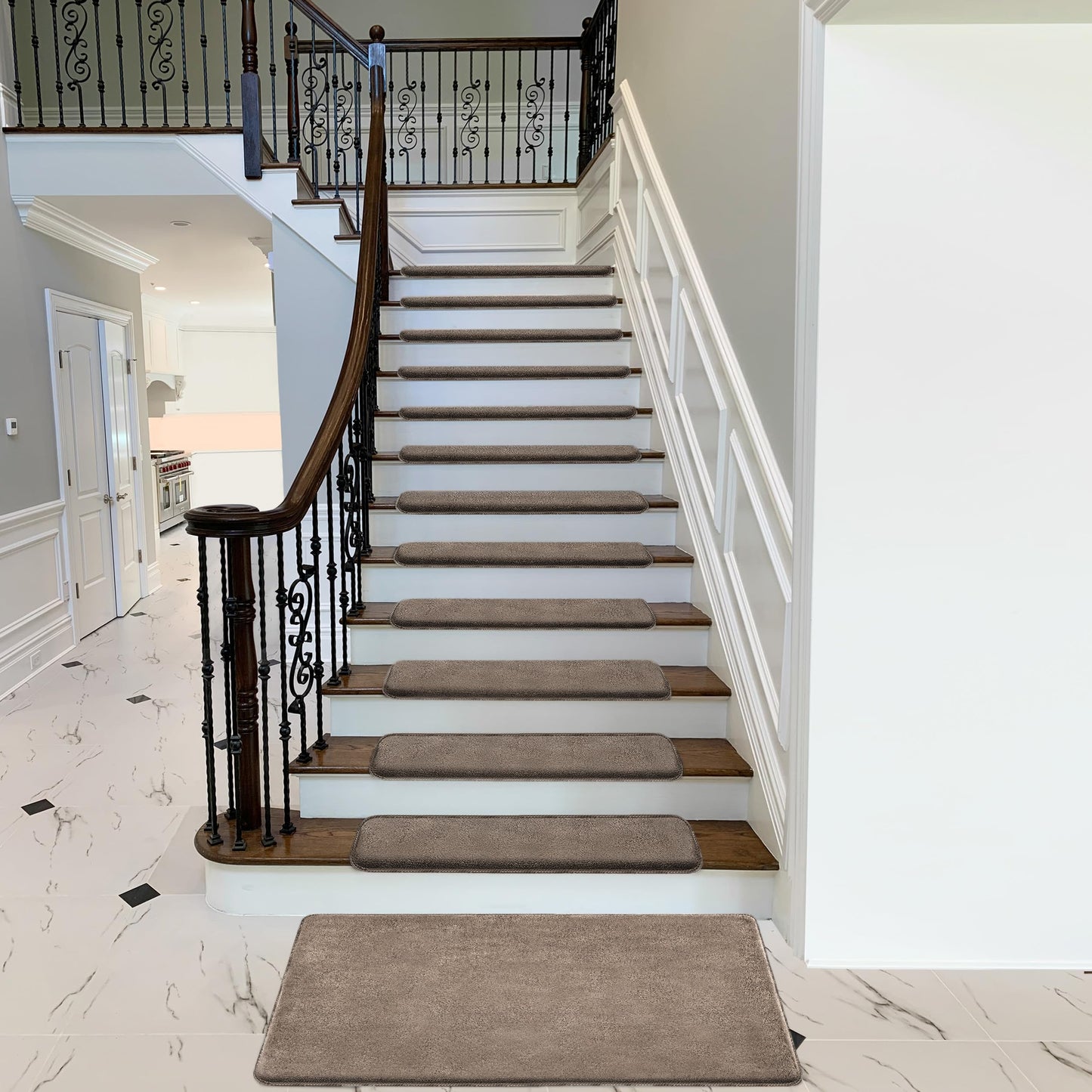PURE ERA Carpet Stair Treads Ultra Plush 9.5" X 30"Soft Bullnose Indoor Stair Protectors Pet-Friendly Non-Slip Skid Resistant Tape Free Washable Reusable(2 Pieces,Brown)