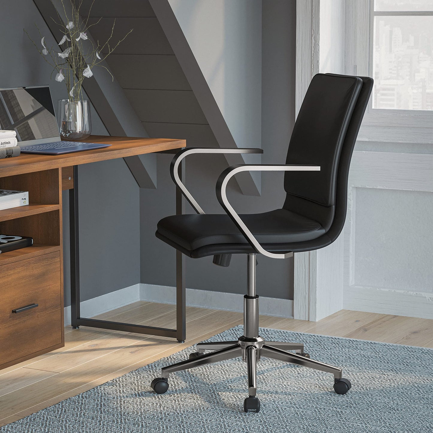 Flash Furniture James Mid-Back Designer Executive Office Chair - Black LeatherSoft Upholstery - Brushed Chrome Base and Arms - Height Adjustable 360° Swivel Seat