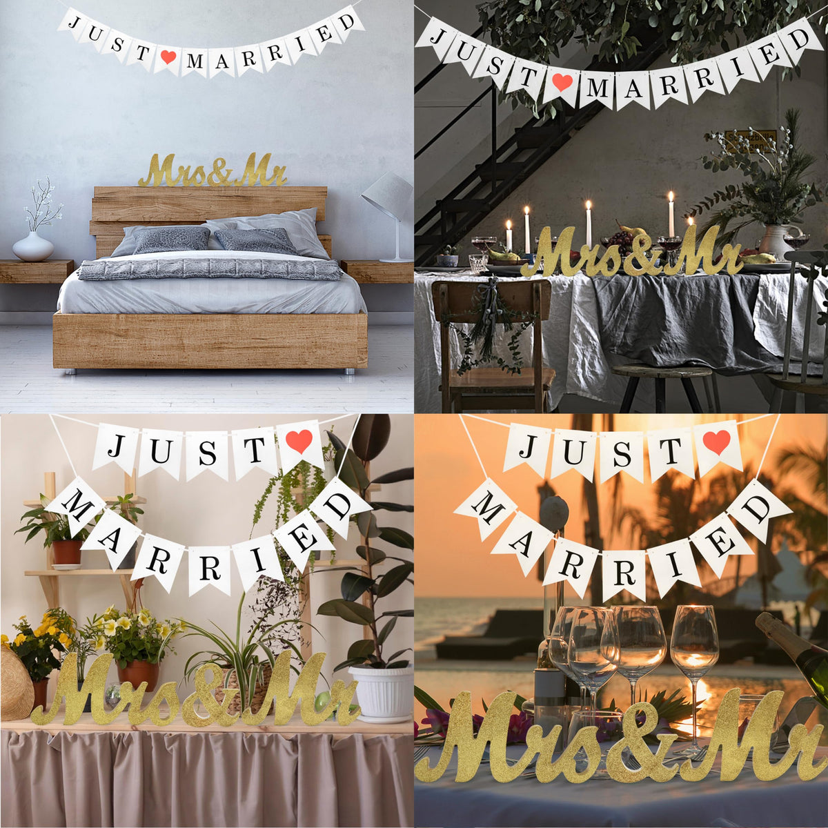 Large Golden Mr & Mrs Sign for Wedding Table with Just Married Banner - Gold Glitter Freestanding Letter Decorations for Party or Holiday - Indoor and Outdoor
