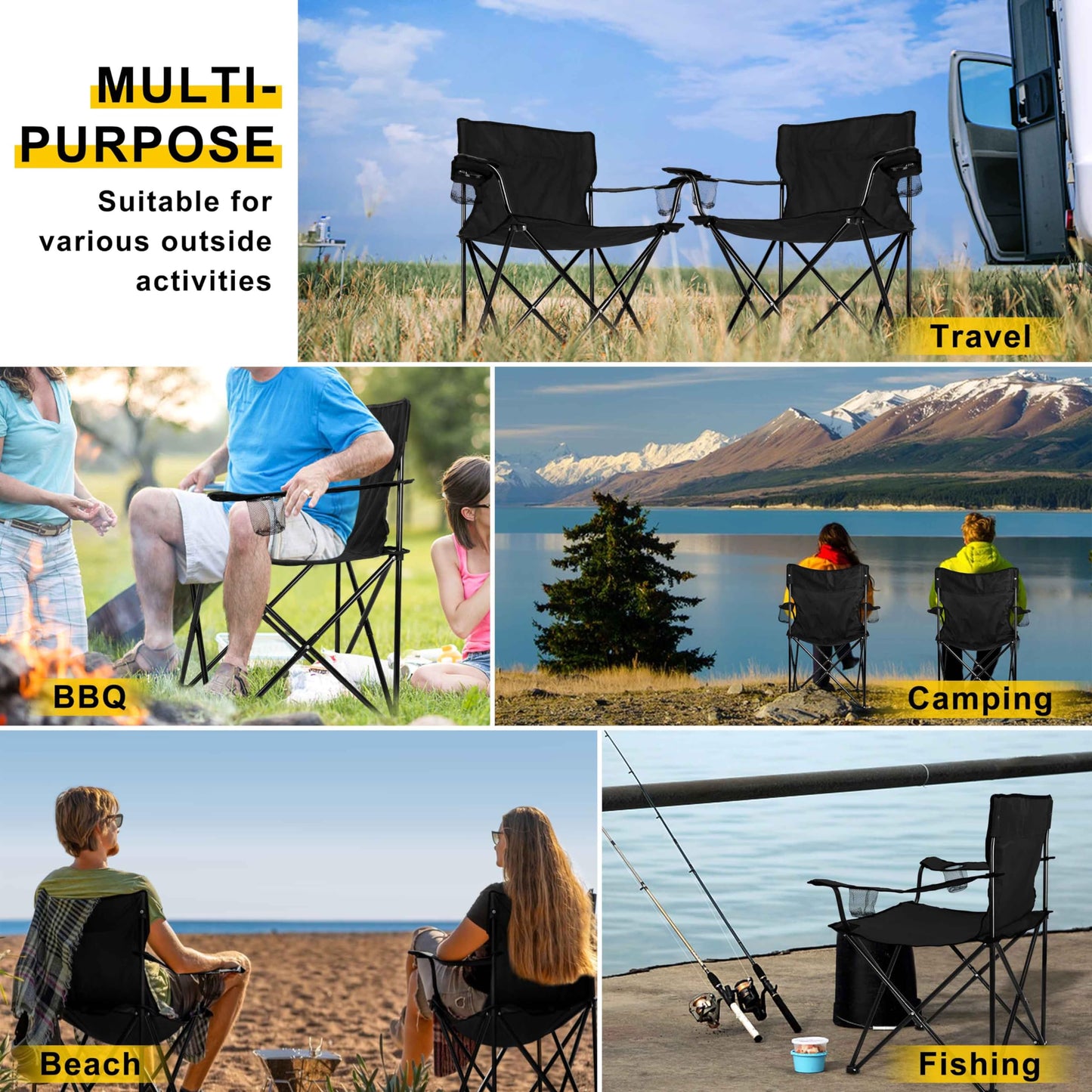 Joyfair Portable Camping Chair, Outdoor Lawn Folding Chairs for Adults, Heavy Duty Large Foldable Chairs for Beach, Fishing, Tailgating and More Outdoor Sport, Carry Bag & Cup Holder (Black)