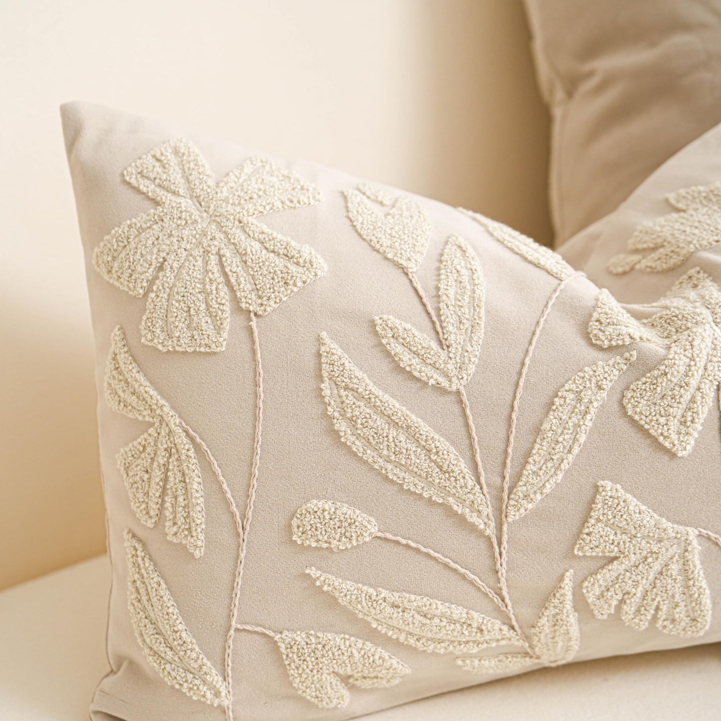 BlissBlush Decorative Throw Pillow Cover 20x20, Beige Neutral Velvet Accent Cushion Cover for Couch Sofa Living Room, Floral Tufted Square Pillowcase (Cover Only)