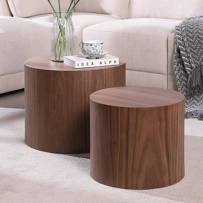 Small Coffee Table Nesting End Table Set of 2, Round Coffee Table Wood Side