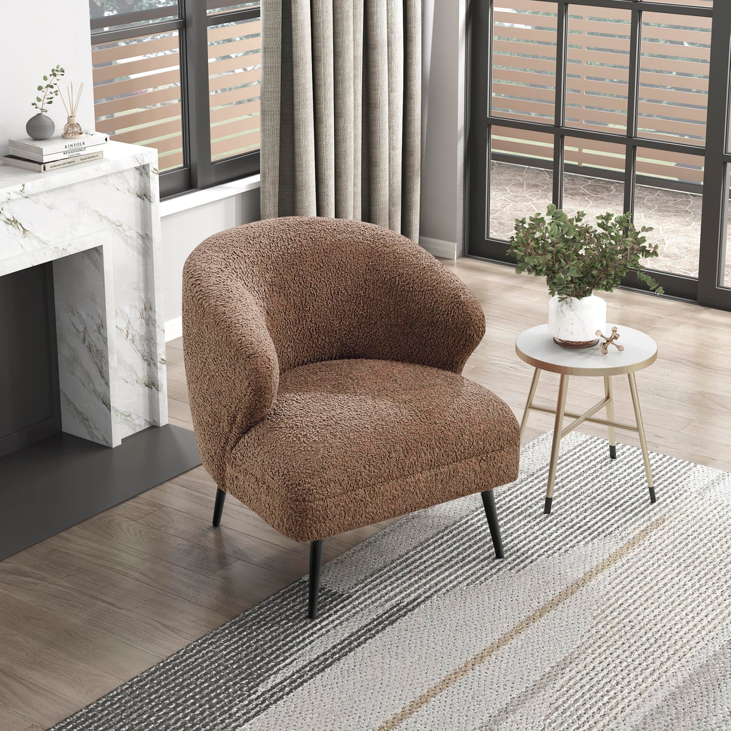 Lexicon Modern Accent Chair, Boucle Fabric Upholstered Single Sofa Chair with Curved Back for Living Room/Bedroom/Office/Apartment, Brown