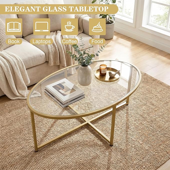 Wolawu Coffee Table Gold Oval Glass Coffee Tables