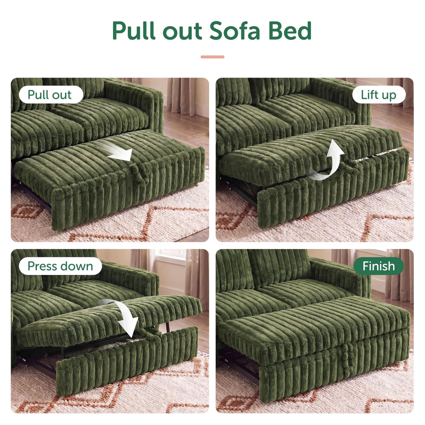HONBAY Plush Corduroy Loveseat Sleeper Sofa,Modular Pull Out Sofa Bed,Couches for Living Room,Plush Green