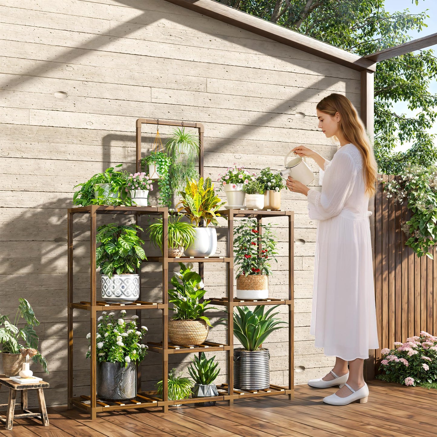 EnHomee Plant Stand Indoor Tall Plant Stand Outdoor Large Wood Plants Shelf with 10-12 Pots for Patio, Living Room, Garden, Balcony, 34.5" Wx47.3 Hx11.78 D