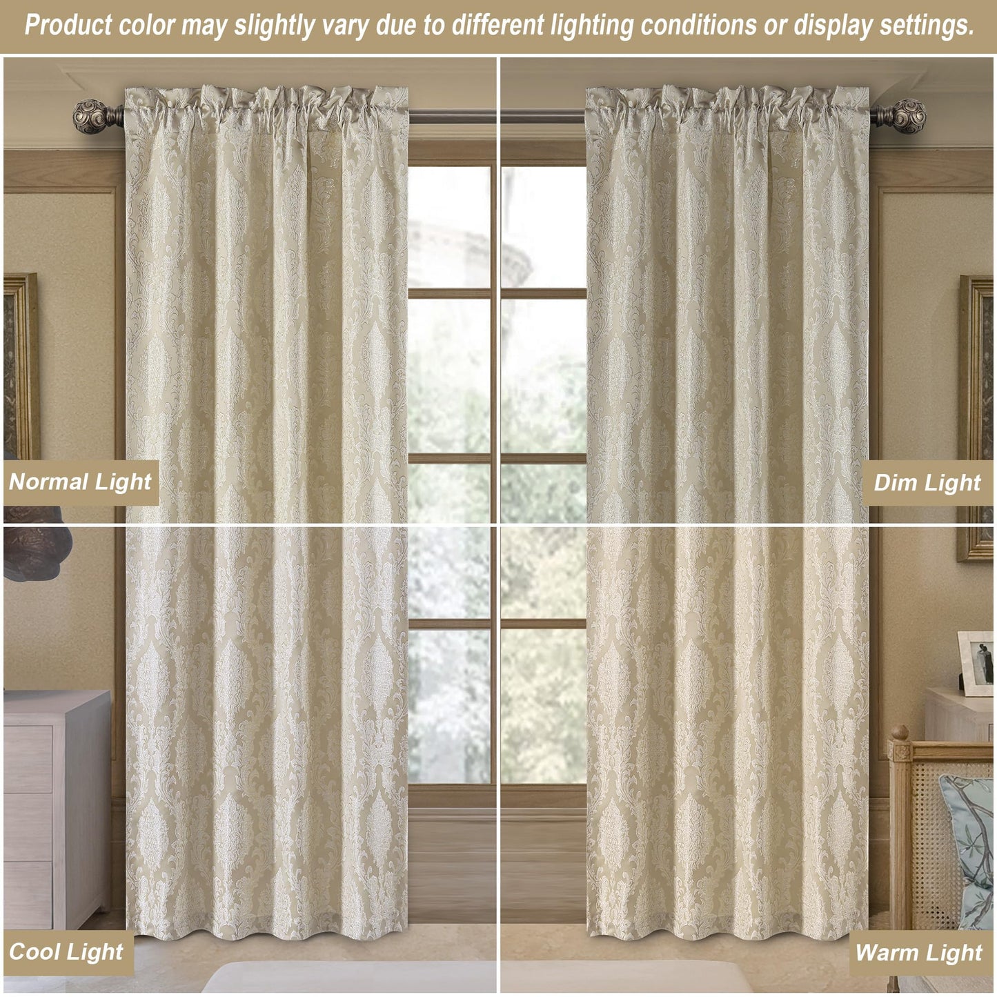 Loom and Mill Luxury Jacquard Curtains for Bedroom, Beige Damask Curtains 2 Panels with Tiebacks, Elegant Window Curtain for Living Room Holiday Banquet Decor(52”Wx 84”L, 2 Panels)
